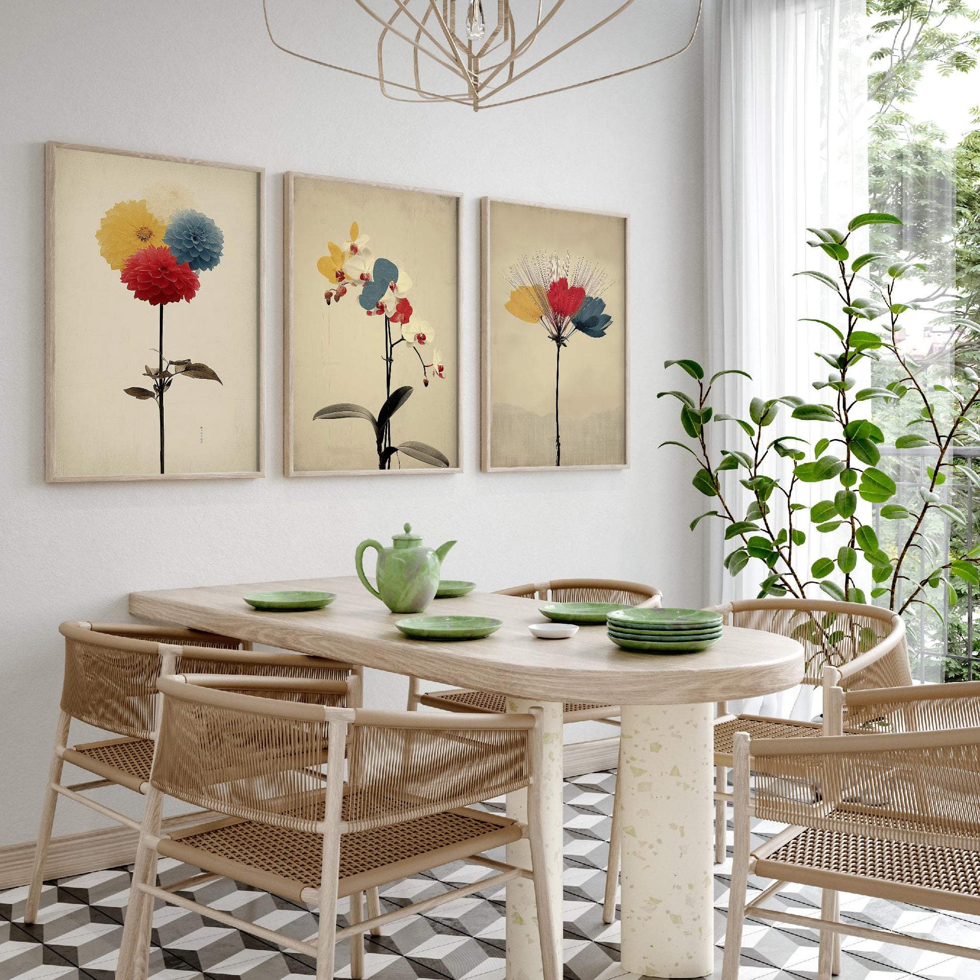 Rainbow Dahlia Orchid Protea Set of Three Art Prints | Vintage Botanical Illustration Poster V2