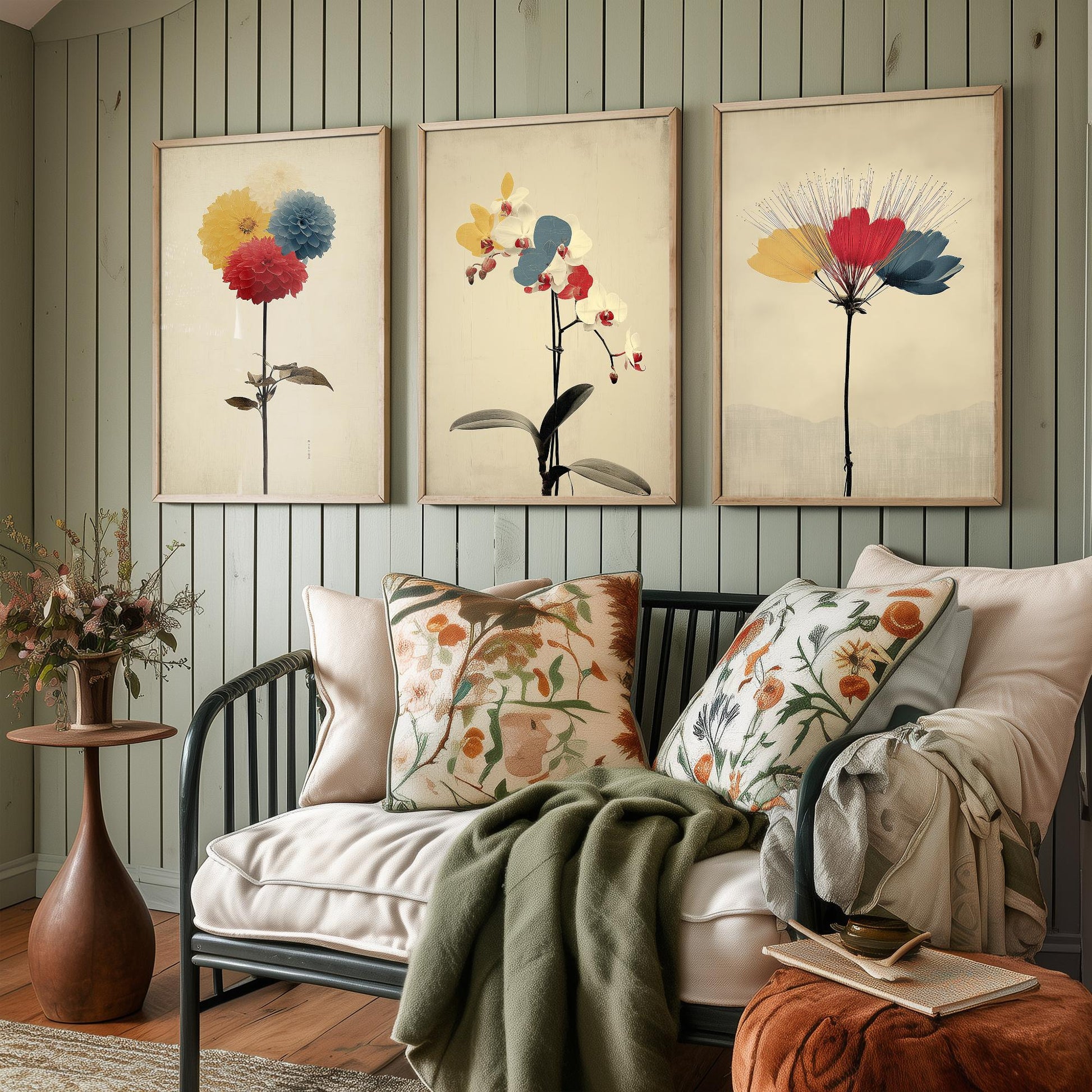 Rainbow Dahlia Orchid Protea Set of Three Art Prints | Vintage Botanical Illustration Poster V2