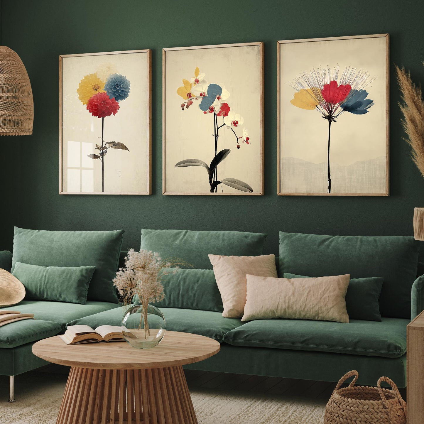 Rainbow Dahlia Orchid Protea Set of Three Art Prints | Vintage Botanical Illustration Poster V2