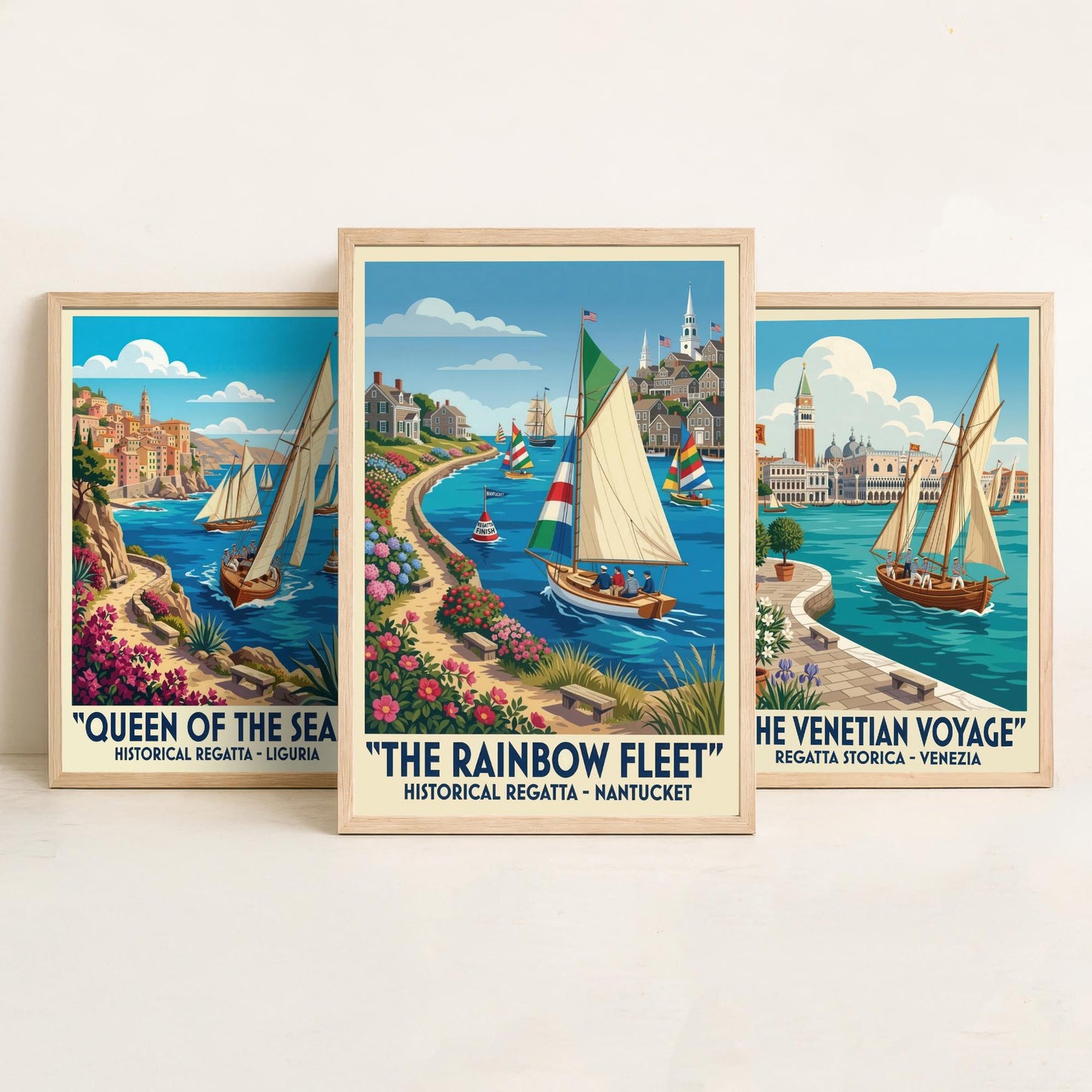 Queen of the Seas Venetian Voyage Rainbow Fleet Set of Three Art Prints | Vintage Sailing Illustration Poster