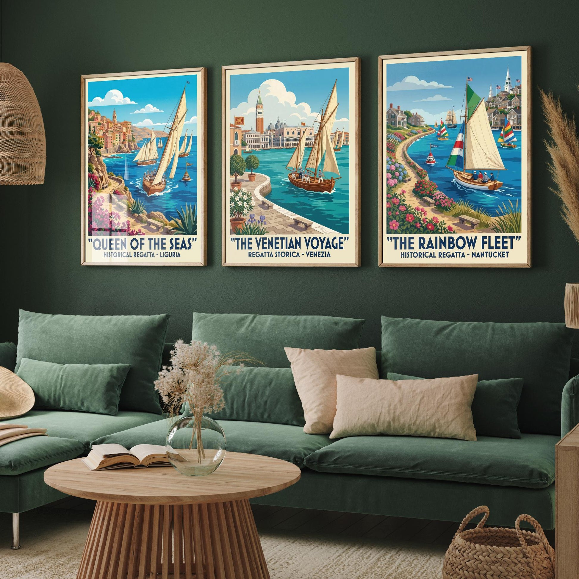 Queen of the Seas Venetian Voyage Rainbow Fleet Set of Three Art Prints | Vintage Sailing Illustration Poster