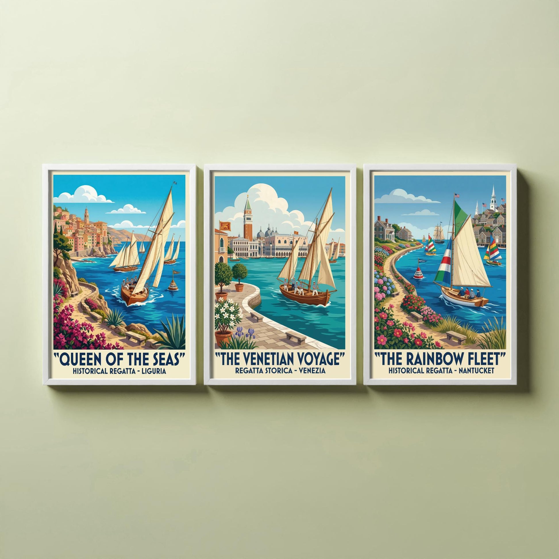 Queen of the Seas Venetian Voyage Rainbow Fleet Set of Three Art Prints | Vintage Sailing Illustration Poster
