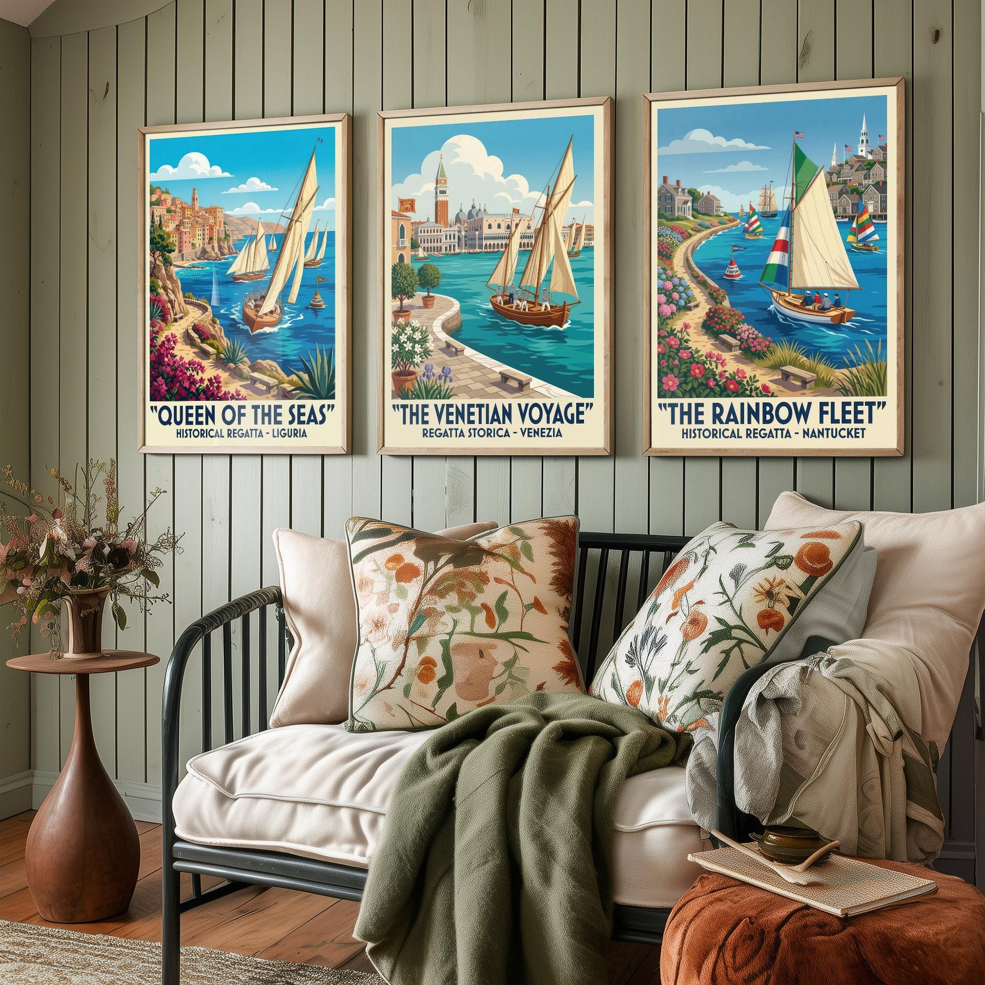 Queen of the Seas Venetian Voyage Rainbow Fleet Set of Three Art Prints | Vintage Sailing Illustration Poster