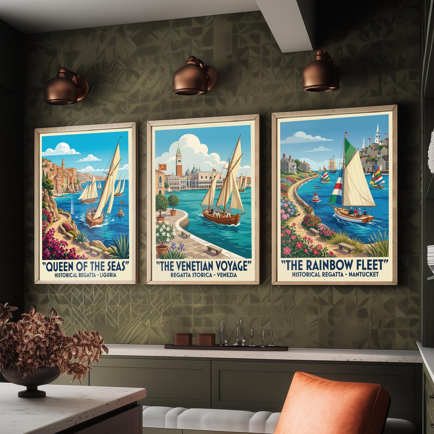 Queen of the Seas Venetian Voyage Rainbow Fleet Set of Three Art Prints | Vintage Sailing Illustration Poster