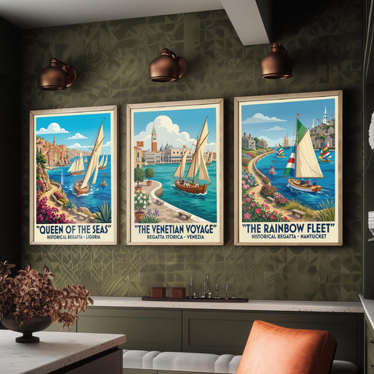 Queen of the Seas Venetian Voyage Rainbow Fleet Set of Three Art Prints | Vintage Sailing Illustration Poster
