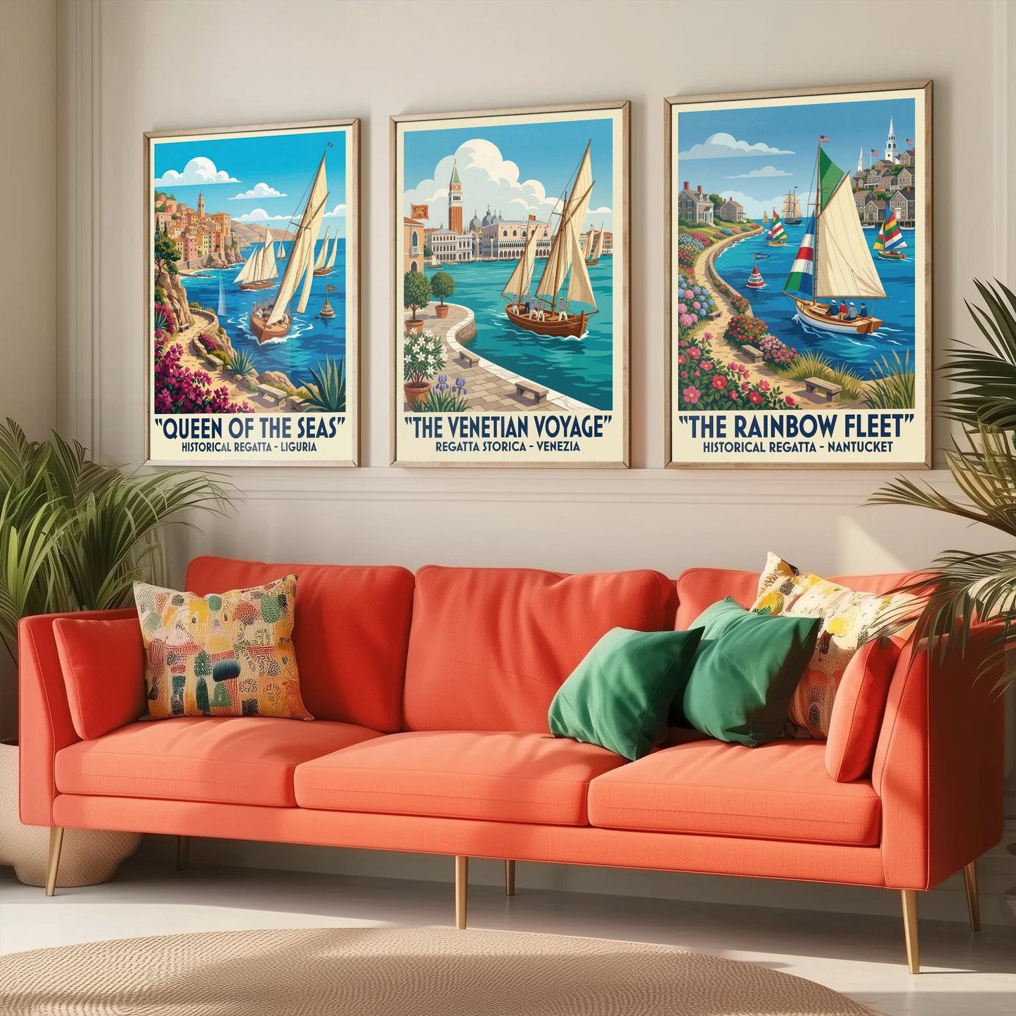 Queen of the Seas Venetian Voyage Rainbow Fleet Set of Three Art Prints | Vintage Sailing Illustration Poster