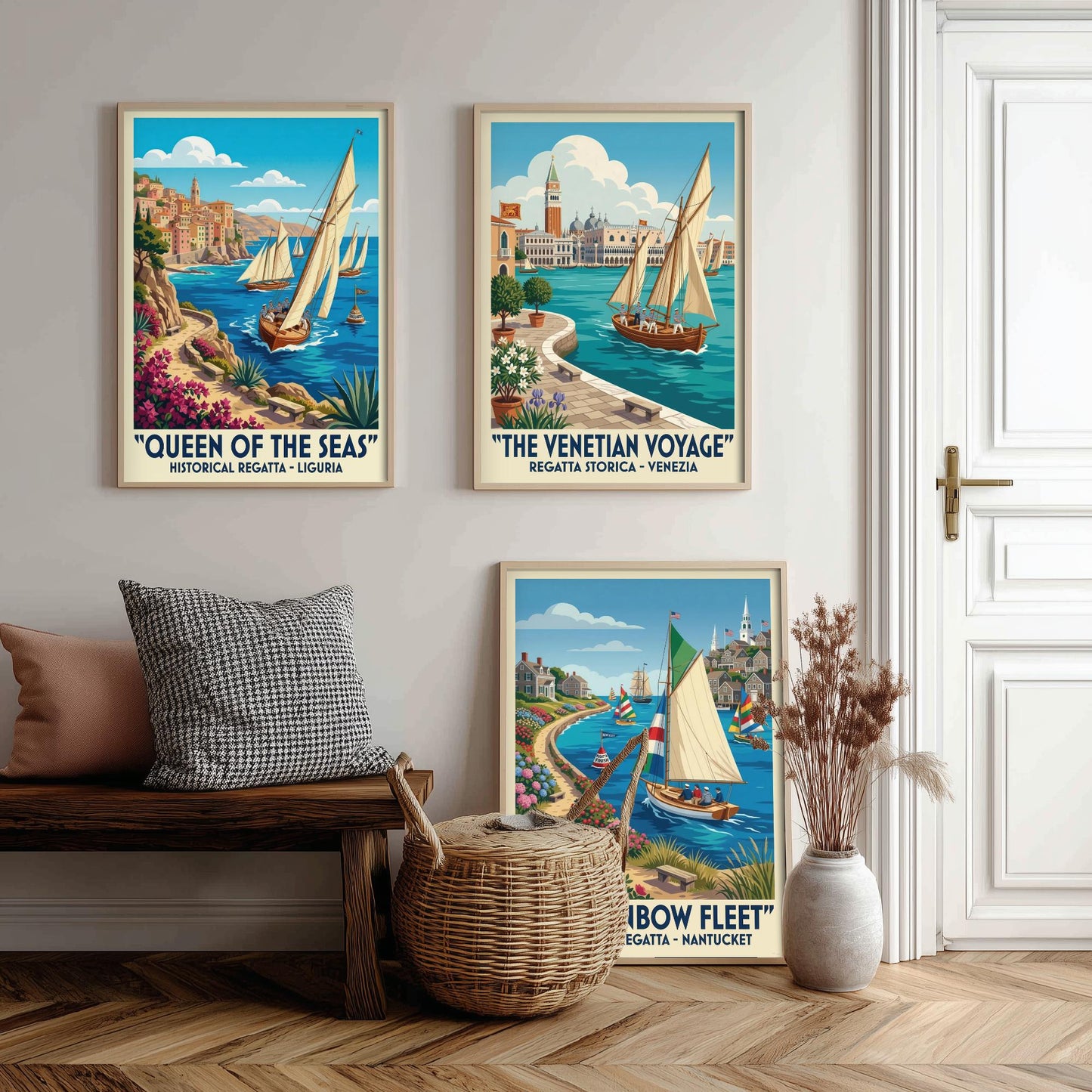 Queen of the Seas Venetian Voyage Rainbow Fleet Set of Three Art Prints | Vintage Sailing Illustration Poster