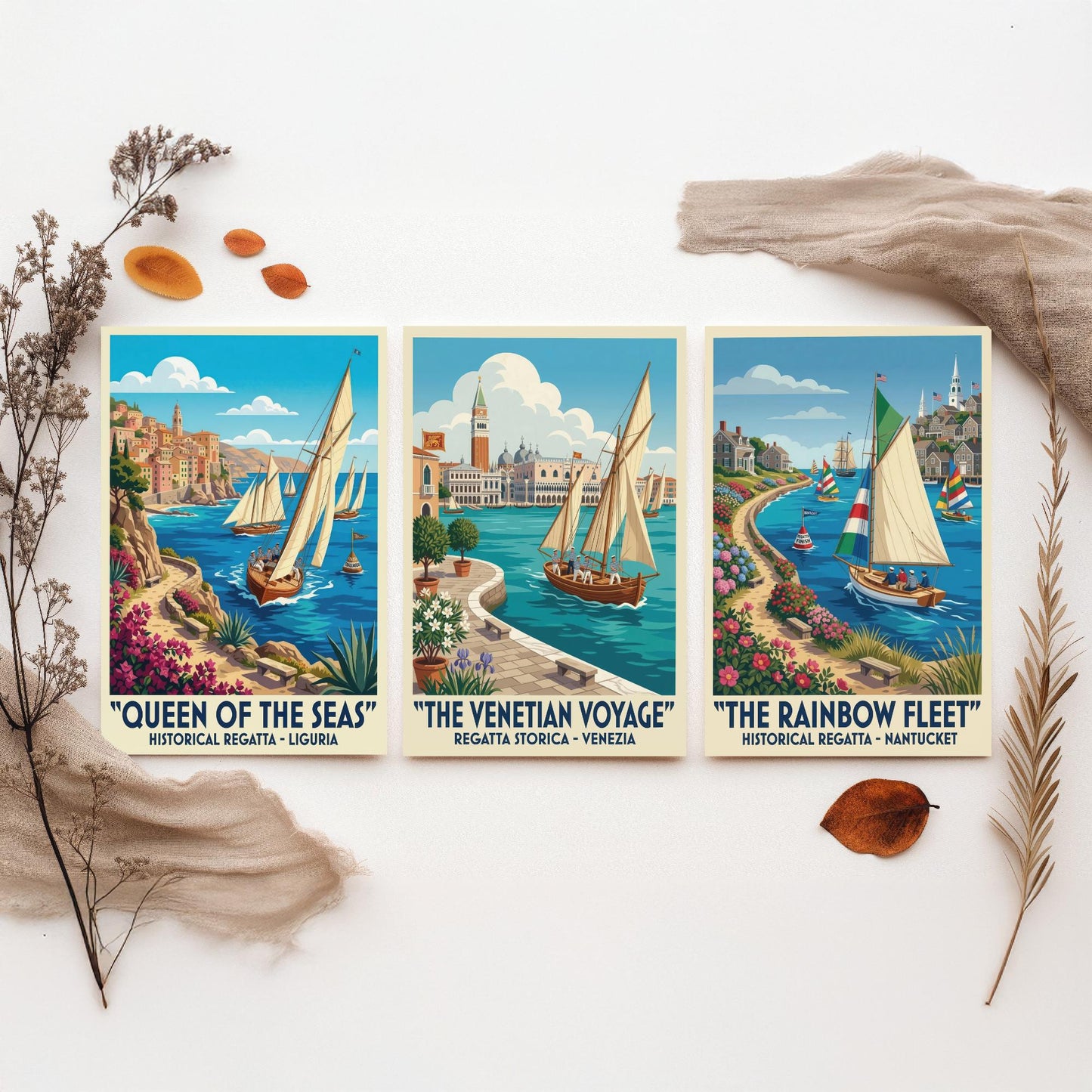 Queen of the Seas Venetian Voyage Rainbow Fleet Set of Three Art Prints | Vintage Sailing Illustration Poster