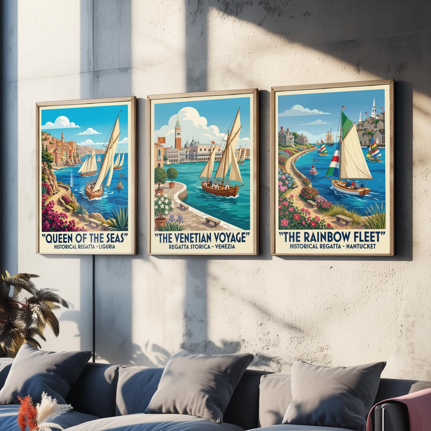 Queen of the Seas Venetian Voyage Rainbow Fleet Set of Three Art Prints | Vintage Sailing Illustration Poster