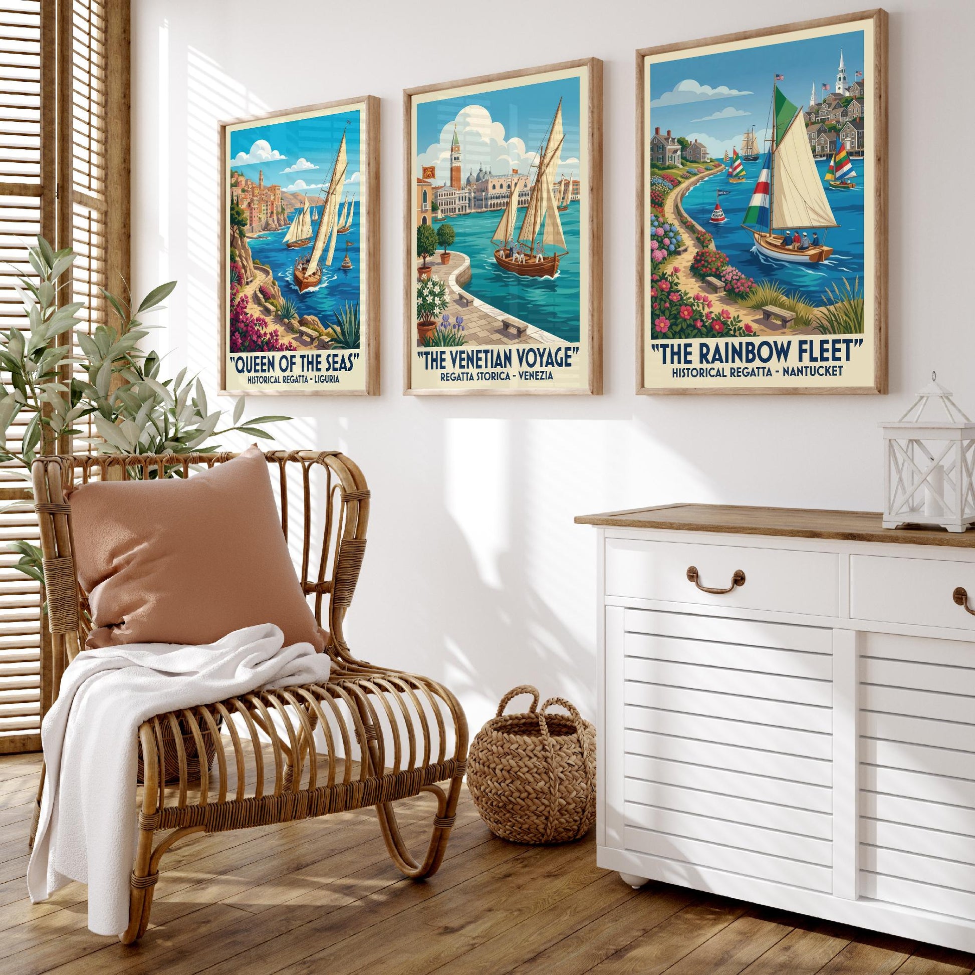 Queen of the Seas Venetian Voyage Rainbow Fleet Set of Three Art Prints | Vintage Sailing Illustration Poster
