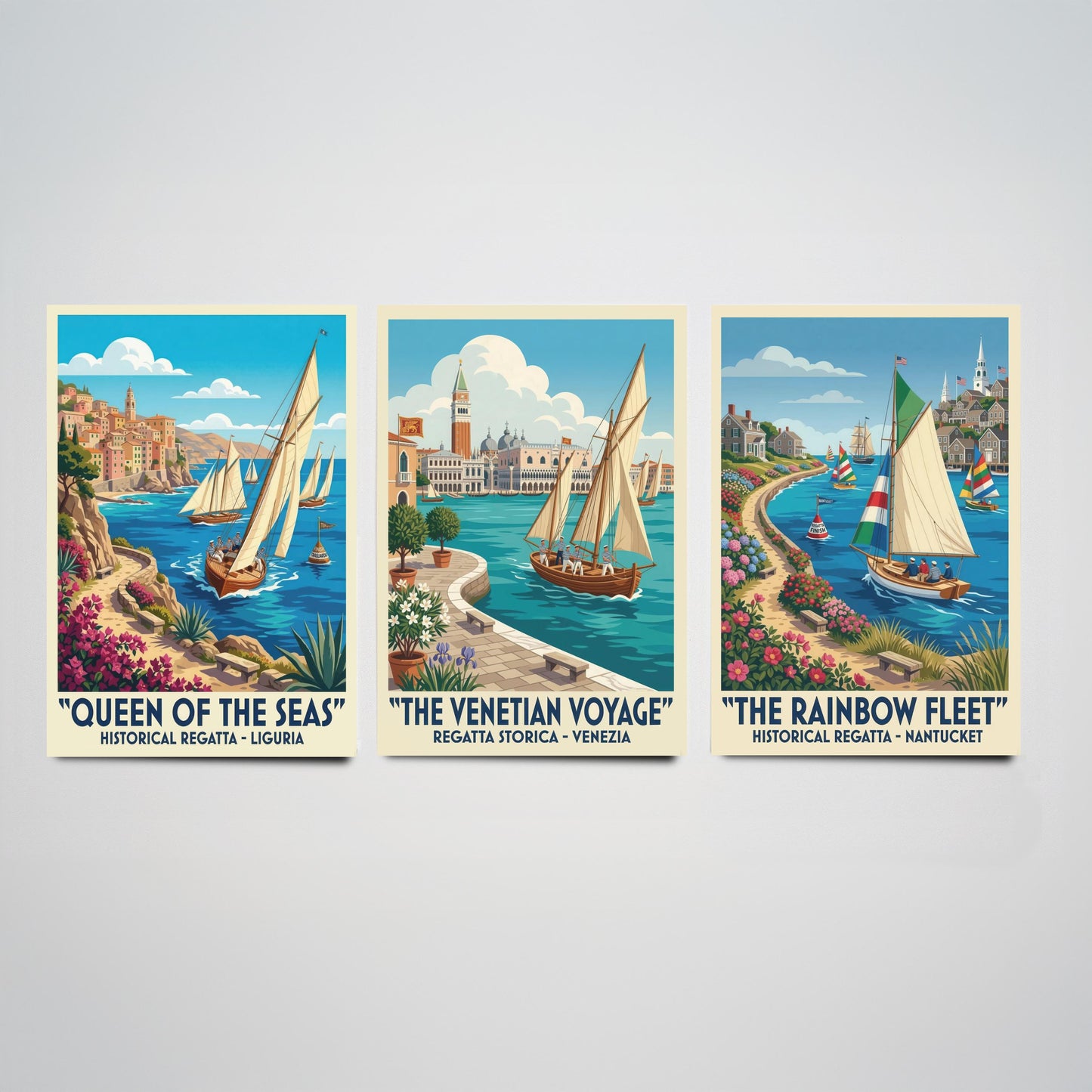 Queen of the Seas Venetian Voyage Rainbow Fleet Set of Three Art Prints | Vintage Sailing Illustration Poster
