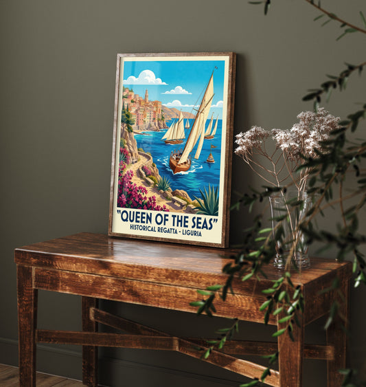 Queen of the Seas Art Print - Vintage Sailing Regatta Poster - Liguria Italy Illustration Wall Art 1/3