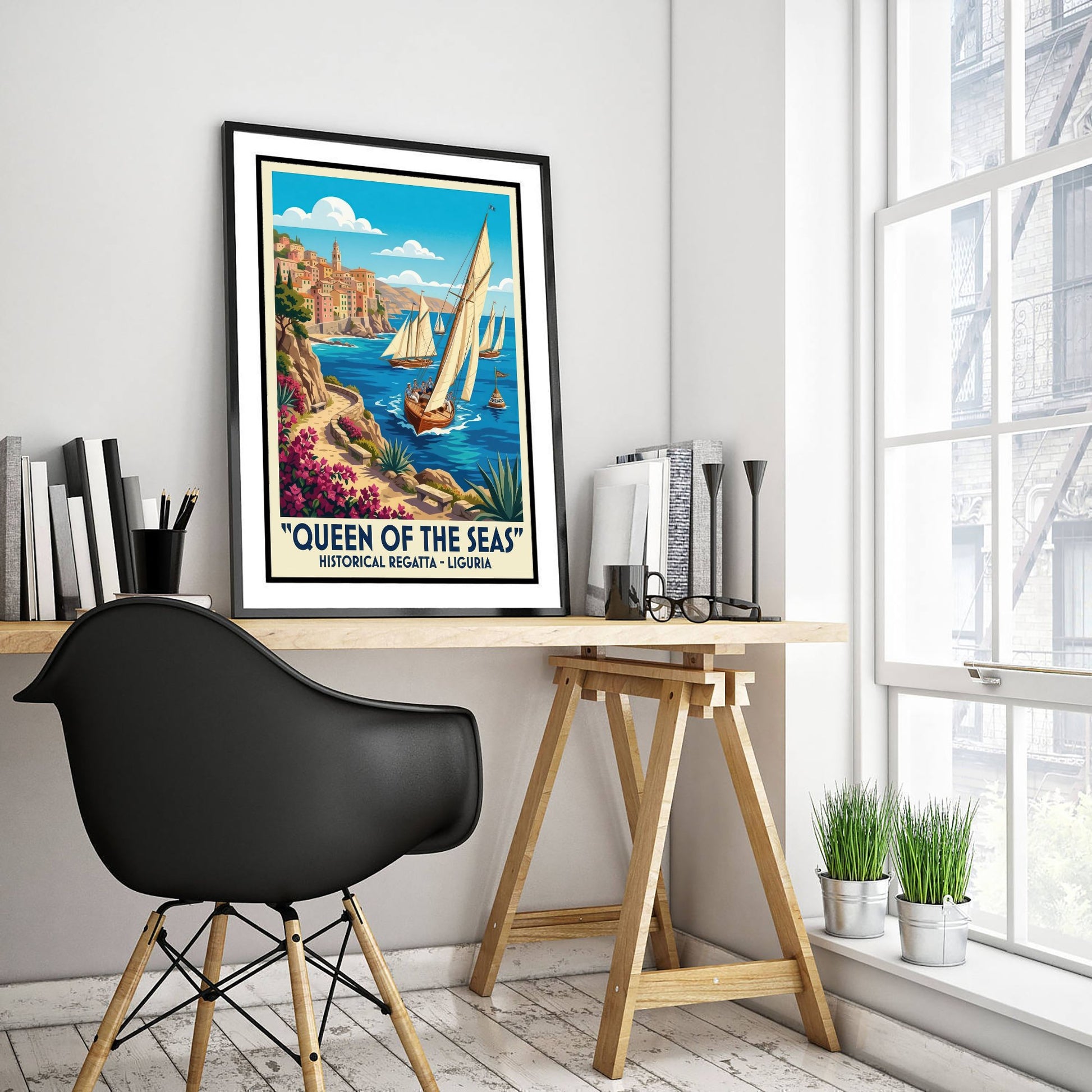Queen of the Seas Art Print - Vintage Sailing Regatta Poster - Liguria Italy Illustration Wall Art 1/3