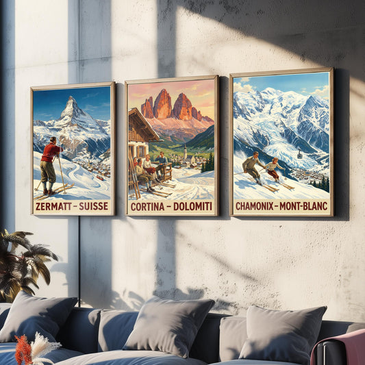 Zermatt Cortina Chamonix Set of Three Art Prints | Vintage Alpine Ski Painting Poster