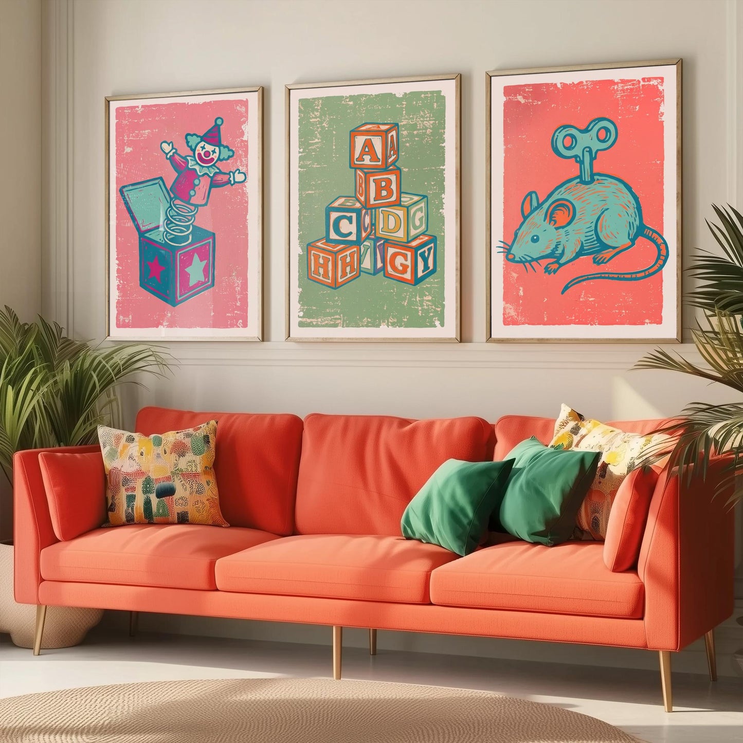 Jack in the Box, Alphabet Blocks and Wind-Up Mouse - Set of Three Vintage Toys Art Prints - Linocut Illustrations - Nursery Posters V2