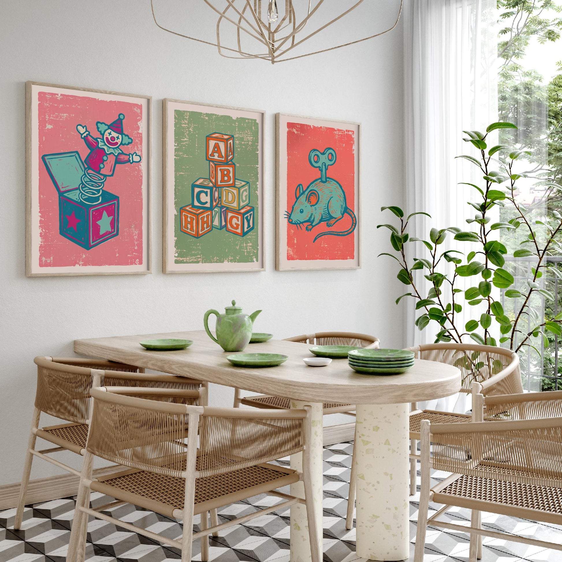 Jack in the Box, Alphabet Blocks and Wind-Up Mouse - Set of Three Vintage Toys Art Prints - Linocut Illustrations - Nursery Posters V2