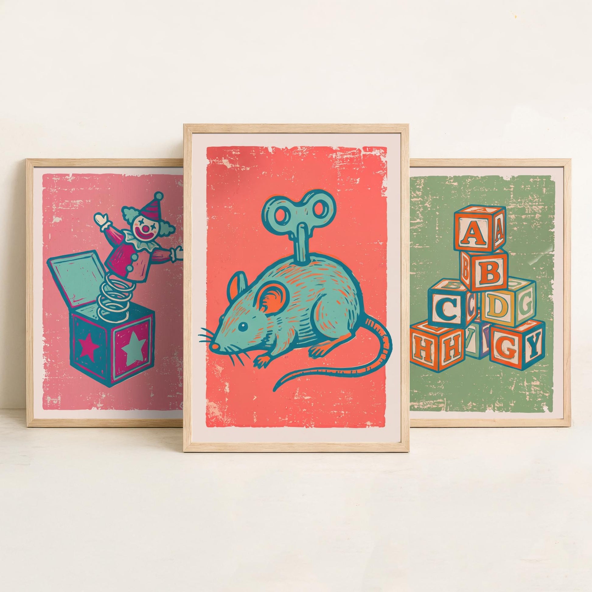 Jack in the Box, Alphabet Blocks and Wind-Up Mouse - Set of Three Vintage Toys Art Prints - Linocut Illustrations - Nursery Posters V2