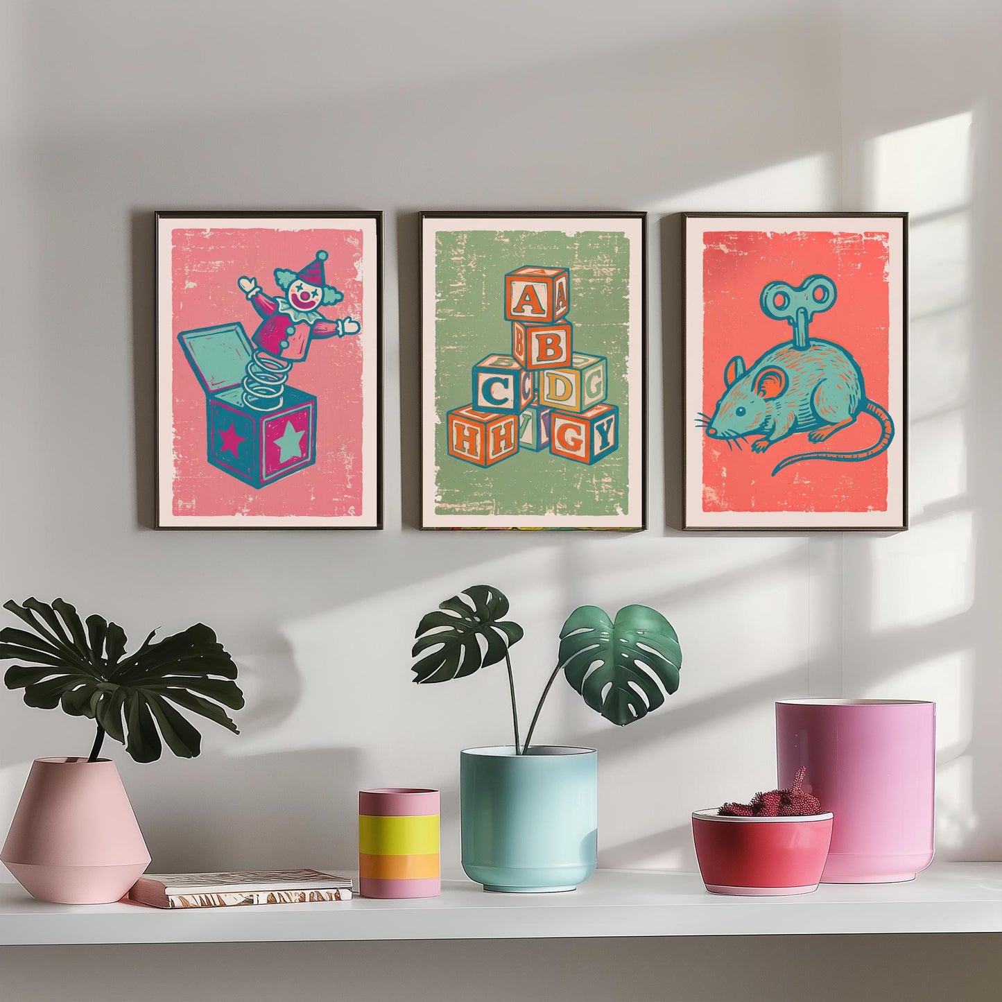 Jack in the Box, Alphabet Blocks and Wind-Up Mouse - Set of Three Vintage Toys Art Prints - Linocut Illustrations - Nursery Posters V2
