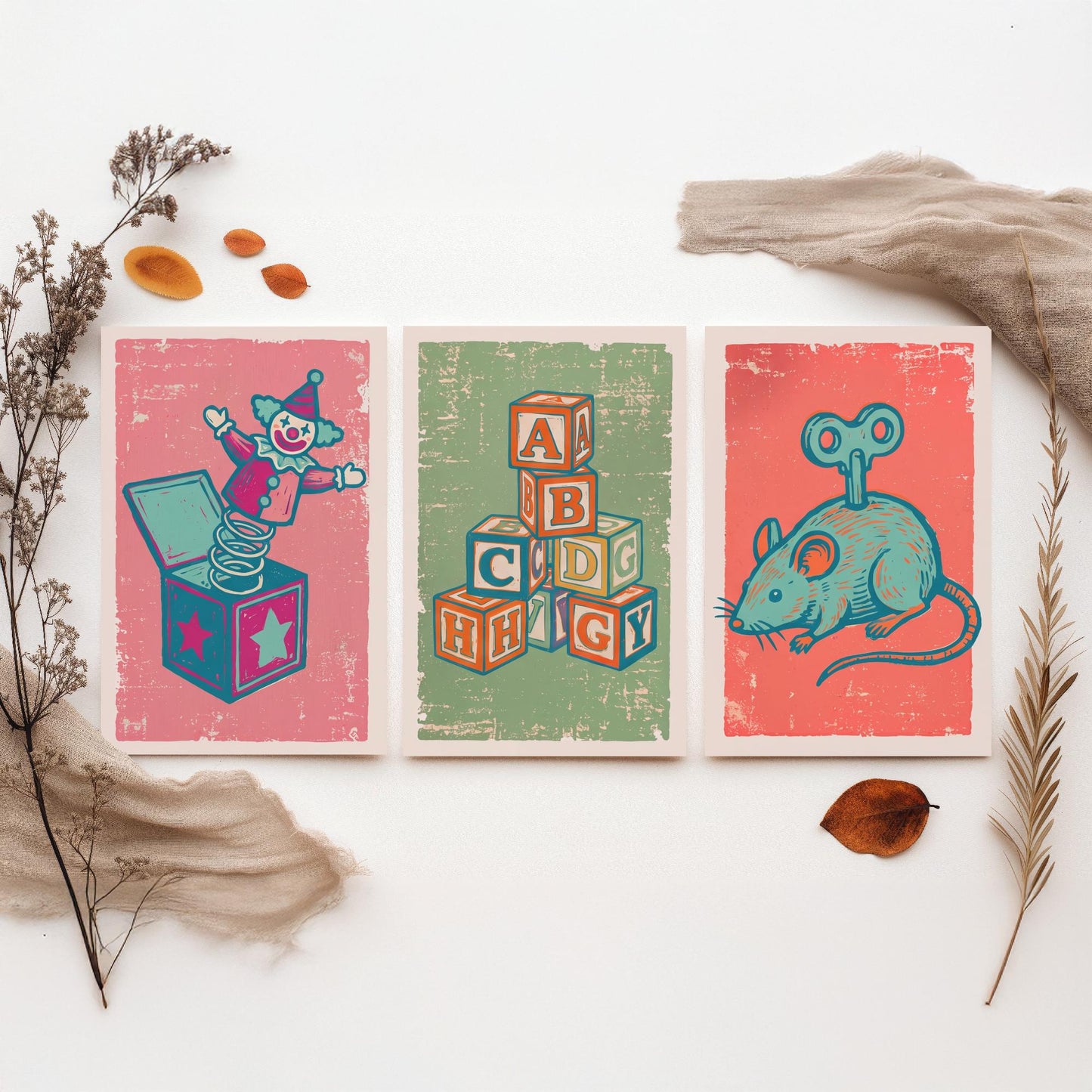 Jack in the Box, Alphabet Blocks and Wind-Up Mouse - Set of Three Vintage Toys Art Prints - Linocut Illustrations - Nursery Posters V2