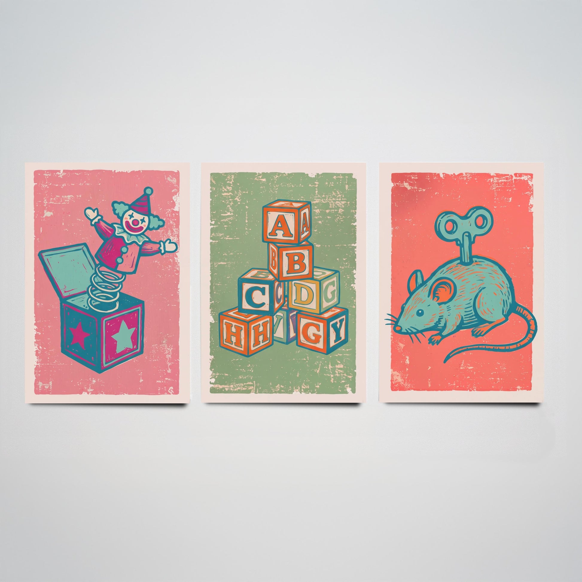 Jack in the Box, Alphabet Blocks and Wind-Up Mouse - Set of Three Vintage Toys Art Prints - Linocut Illustrations - Nursery Posters V2