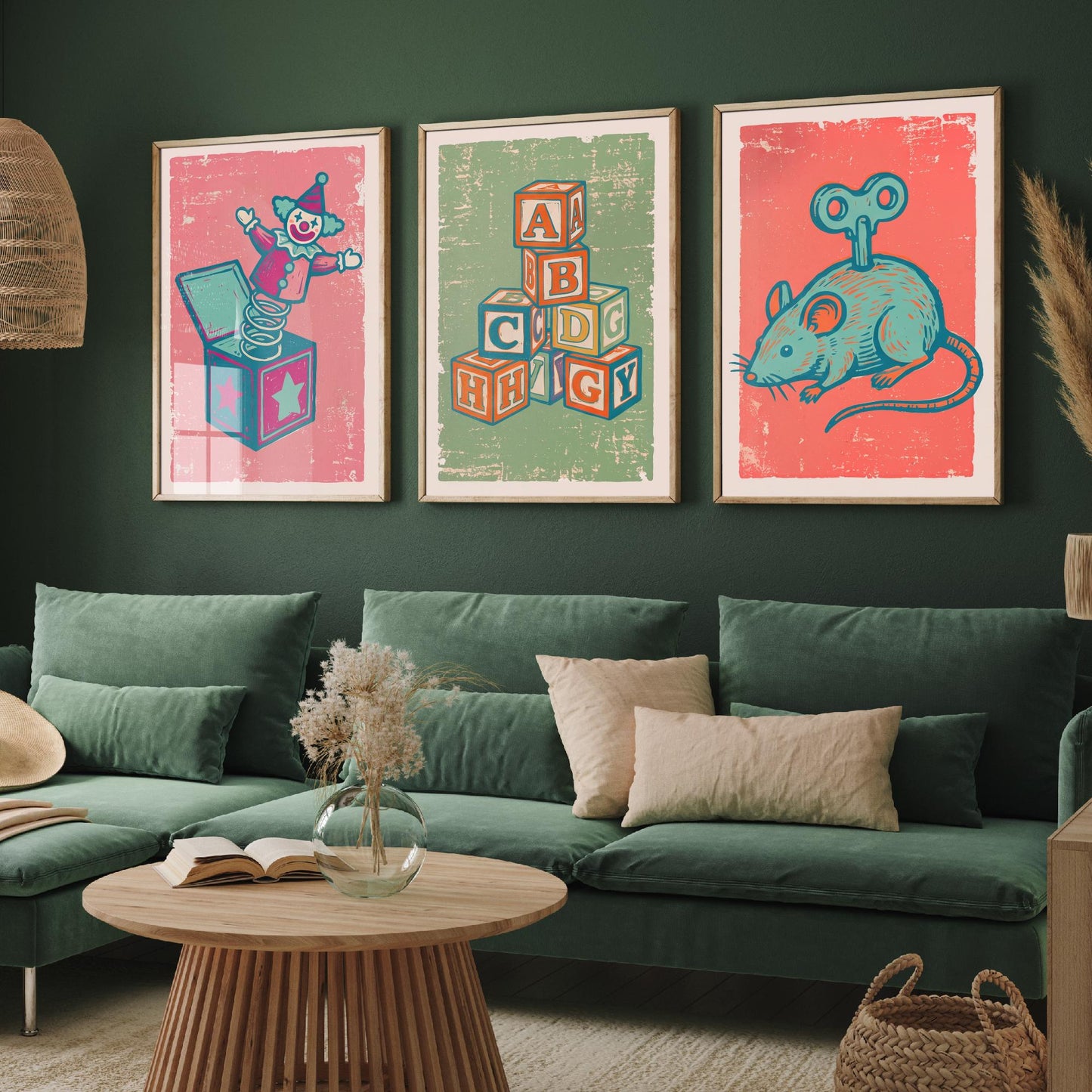 Jack in the Box, Alphabet Blocks and Wind-Up Mouse - Set of Three Vintage Toys Art Prints - Linocut Illustrations - Nursery Posters V2