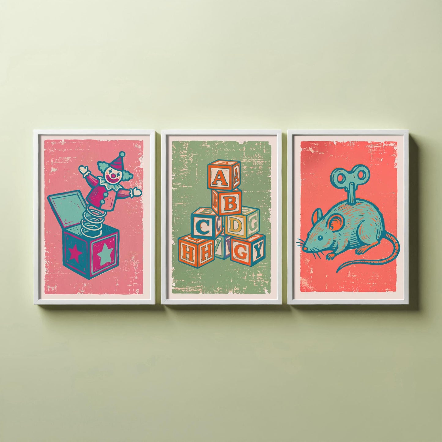 Jack in the Box, Alphabet Blocks and Wind-Up Mouse - Set of Three Vintage Toys Art Prints - Linocut Illustrations - Nursery Posters V2