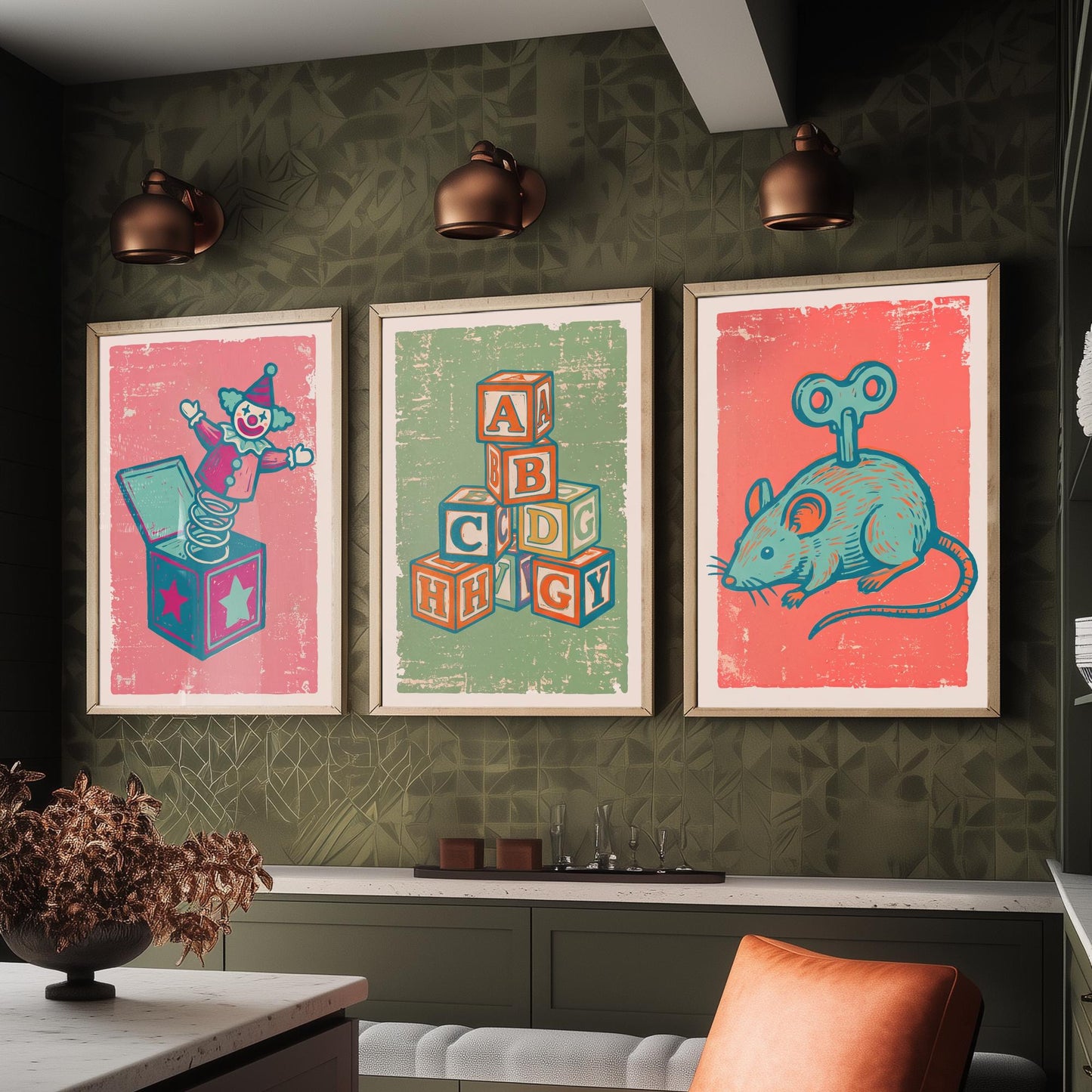 Jack in the Box, Alphabet Blocks and Wind-Up Mouse - Set of Three Vintage Toys Art Prints - Linocut Illustrations - Nursery Posters V2