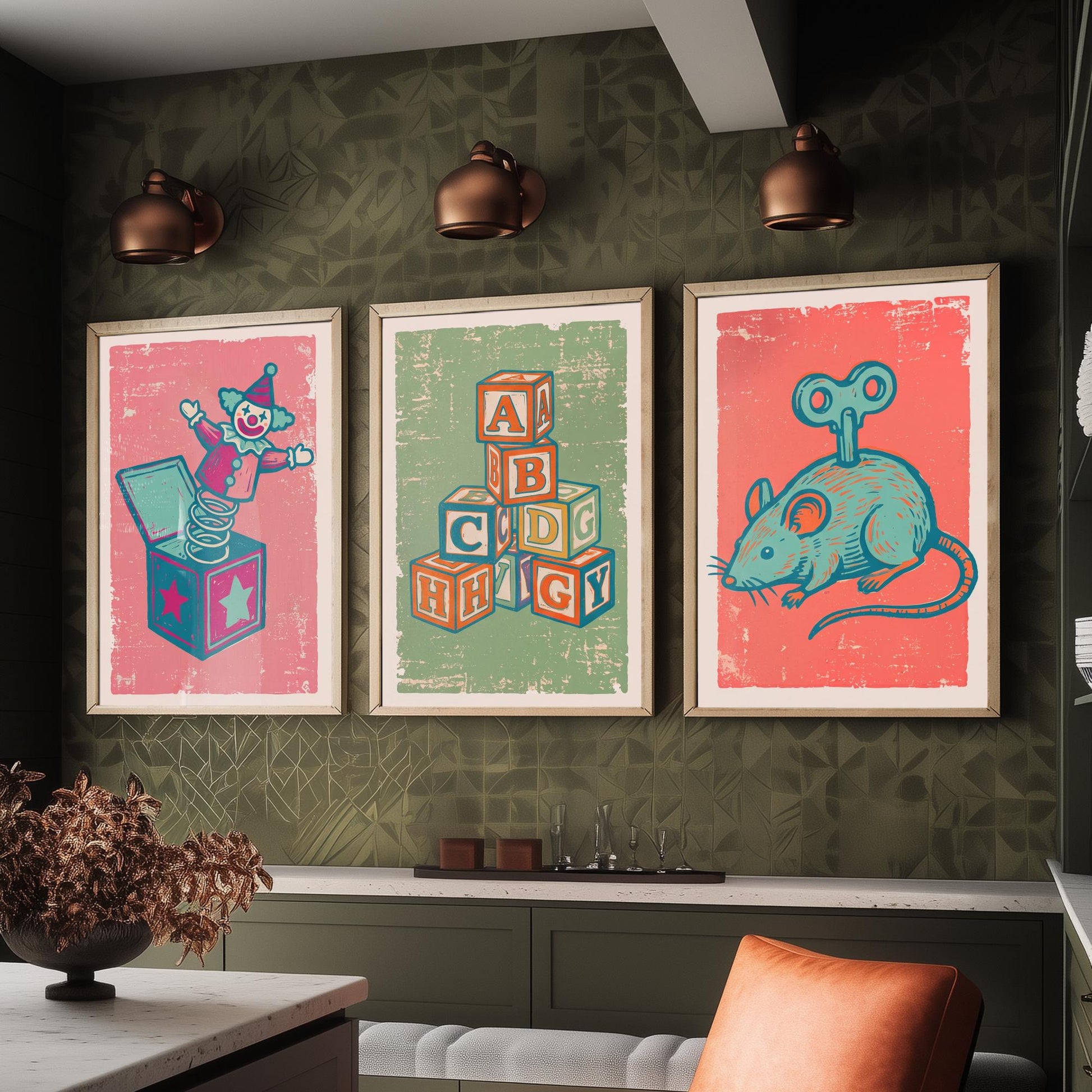 Jack in the Box, Alphabet Blocks and Wind-Up Mouse - Set of Three Vintage Toys Art Prints - Linocut Illustrations - Nursery Posters V2