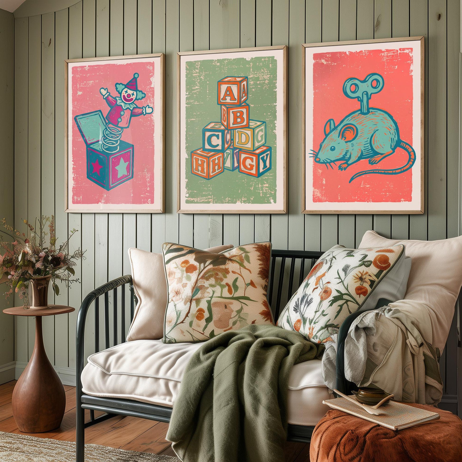 Jack in the Box, Alphabet Blocks and Wind-Up Mouse - Set of Three Vintage Toys Art Prints - Linocut Illustrations - Nursery Posters V2