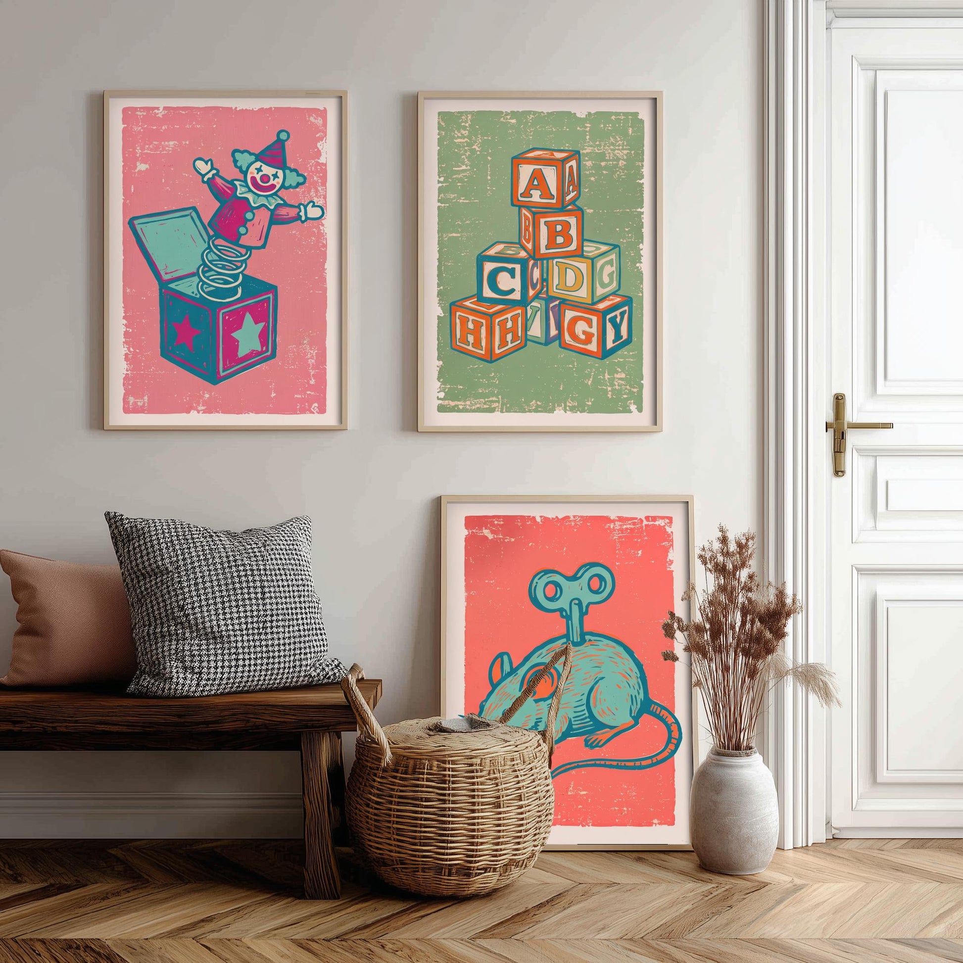 Jack in the Box, Alphabet Blocks and Wind-Up Mouse - Set of Three Vintage Toys Art Prints - Linocut Illustrations - Nursery Posters V2