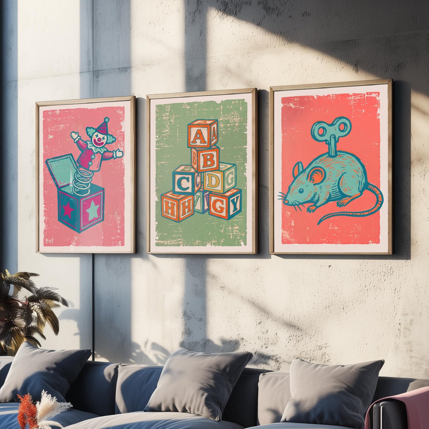 Jack in the Box, Alphabet Blocks and Wind-Up Mouse - Set of Three Vintage Toys Art Prints - Linocut Illustrations - Nursery Posters V2