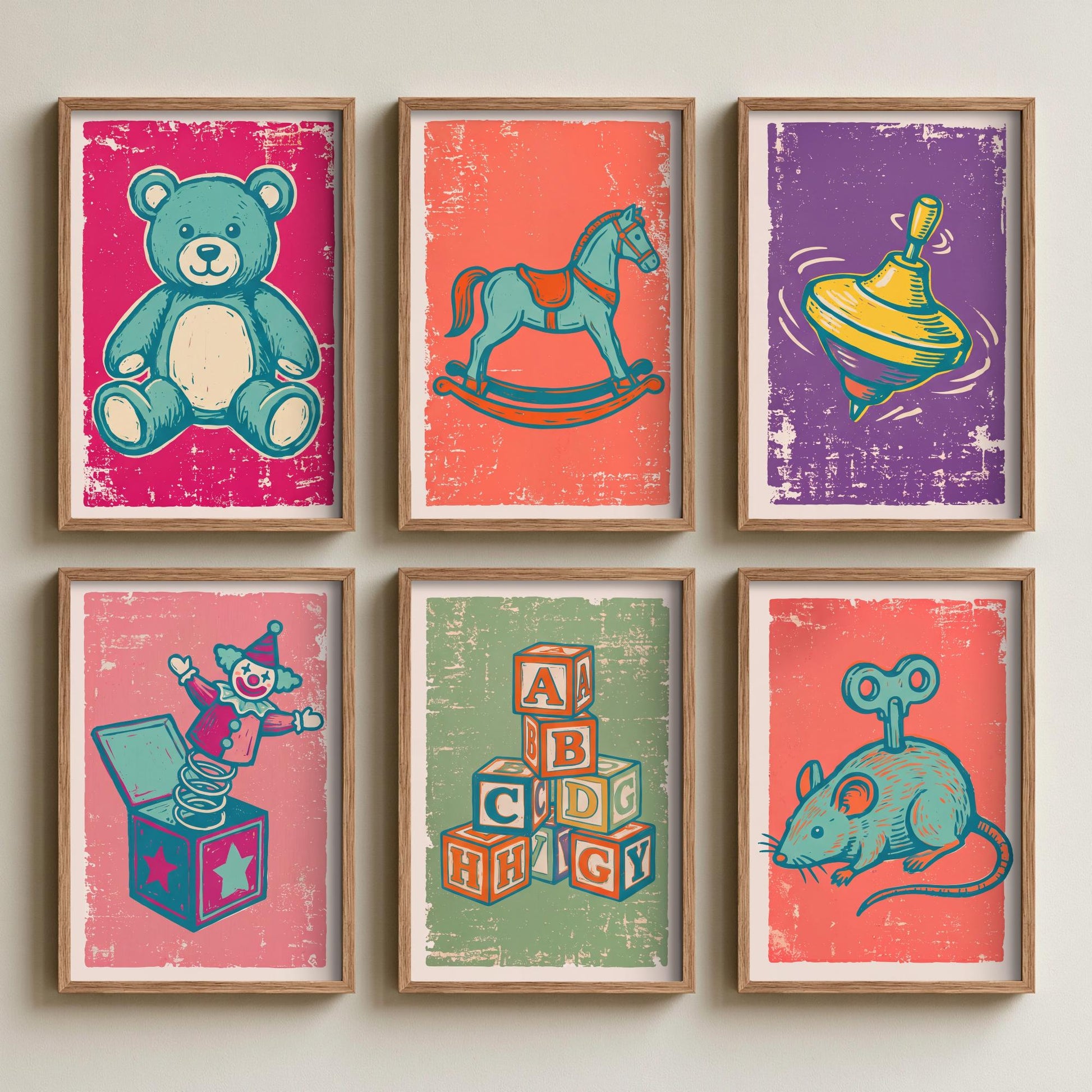 Set of Six Vintage Toys Art Prints - 6 Linocut Illustrations - Teddy Bear, Rocking Horse, Spinning Top, Jack in the Box - Nursery Posters