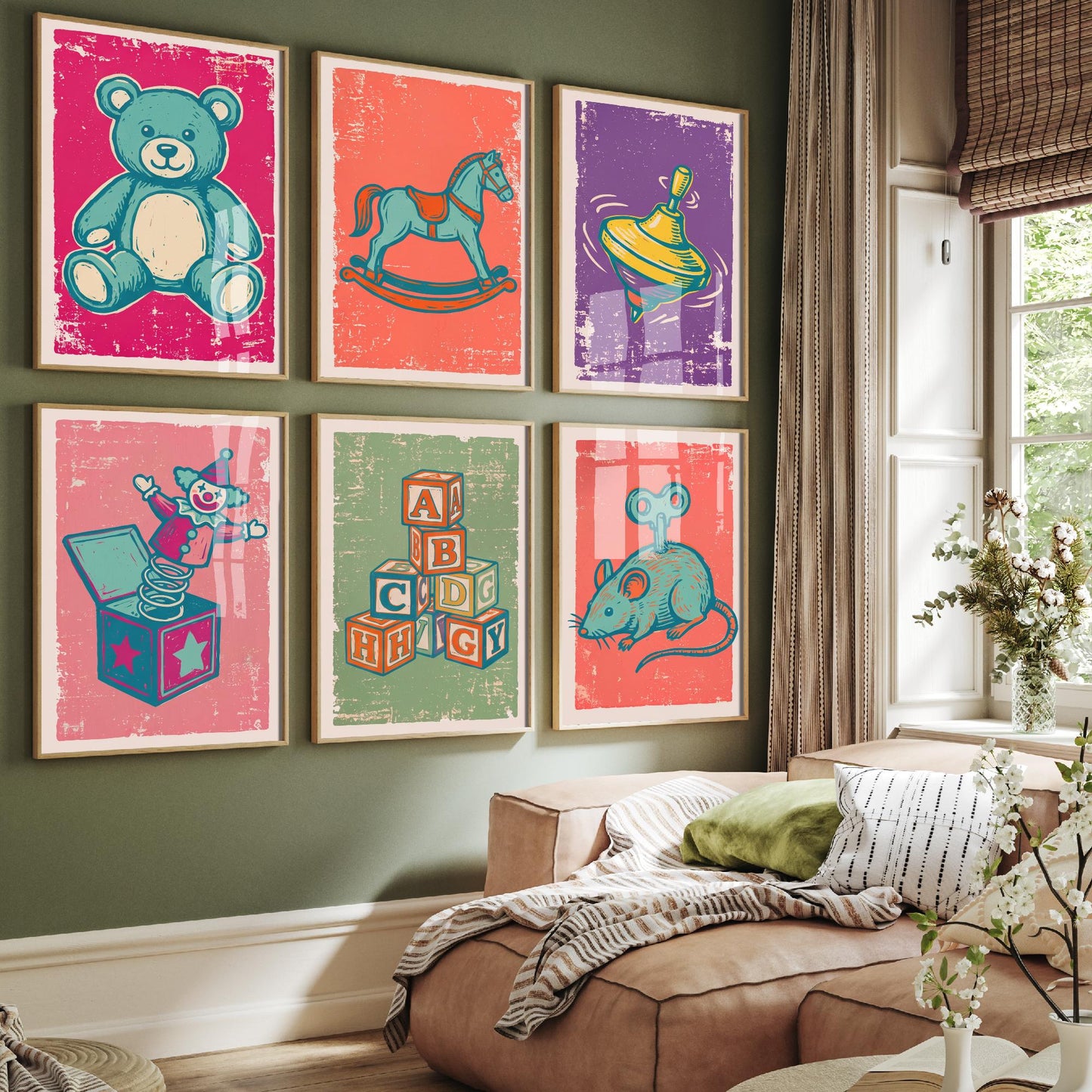 Set of Six Vintage Toys Art Prints - 6 Linocut Illustrations - Teddy Bear, Rocking Horse, Spinning Top, Jack in the Box - Nursery Posters