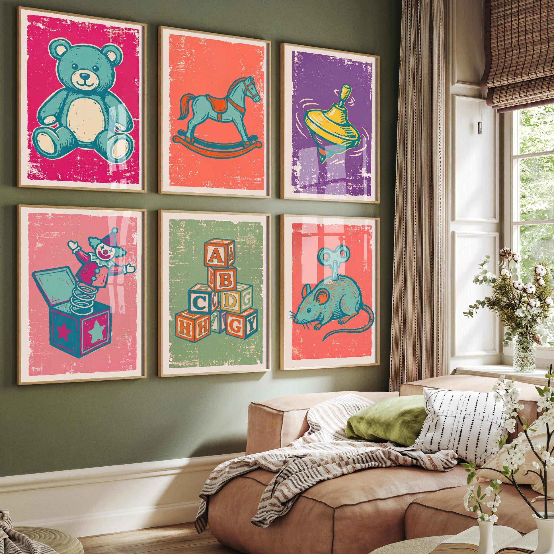 Set of Six Vintage Toys Art Prints - 6 Linocut Illustrations - Teddy Bear, Rocking Horse, Spinning Top, Jack in the Box - Nursery Posters