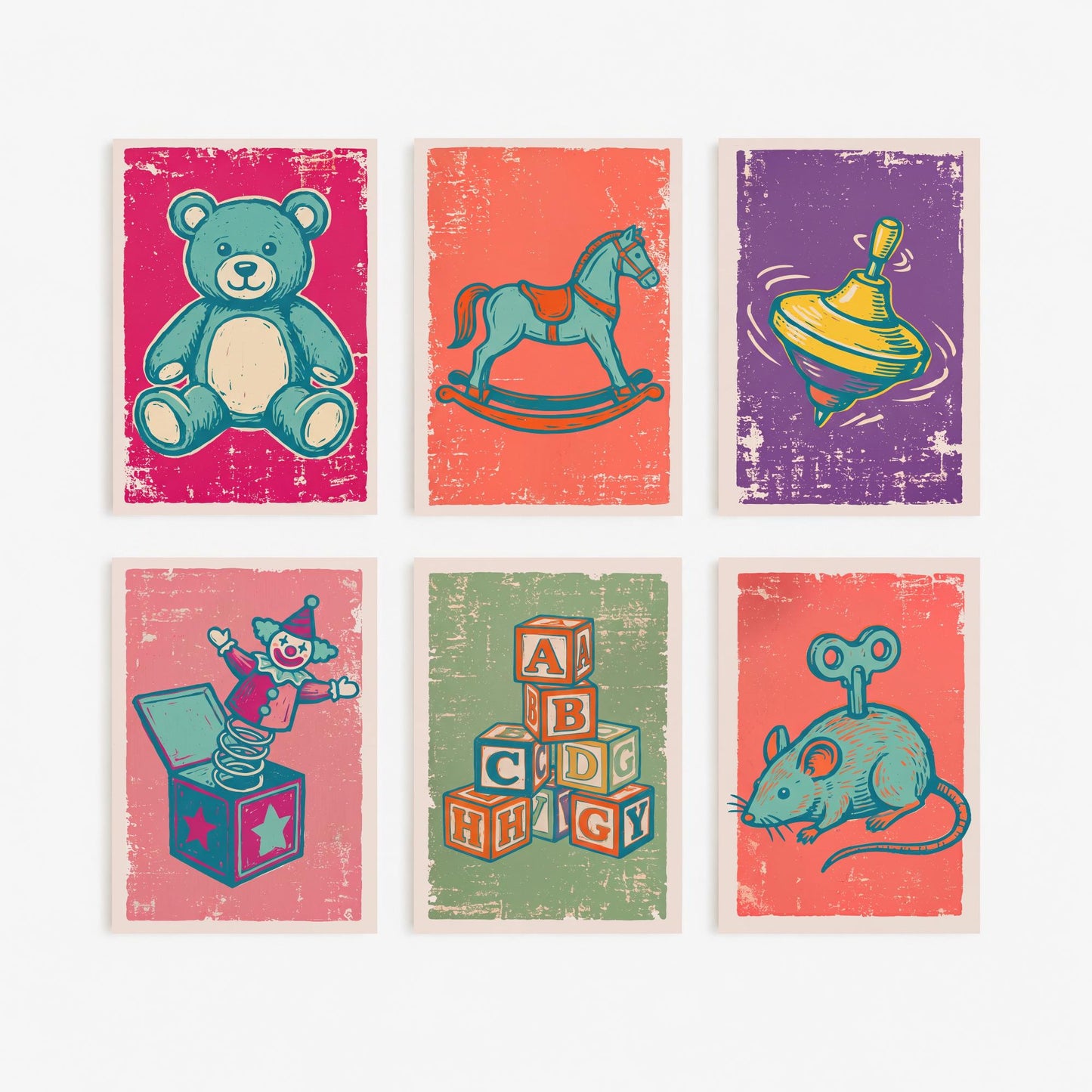 Set of Six Vintage Toys Art Prints - 6 Linocut Illustrations - Teddy Bear, Rocking Horse, Spinning Top, Jack in the Box - Nursery Posters