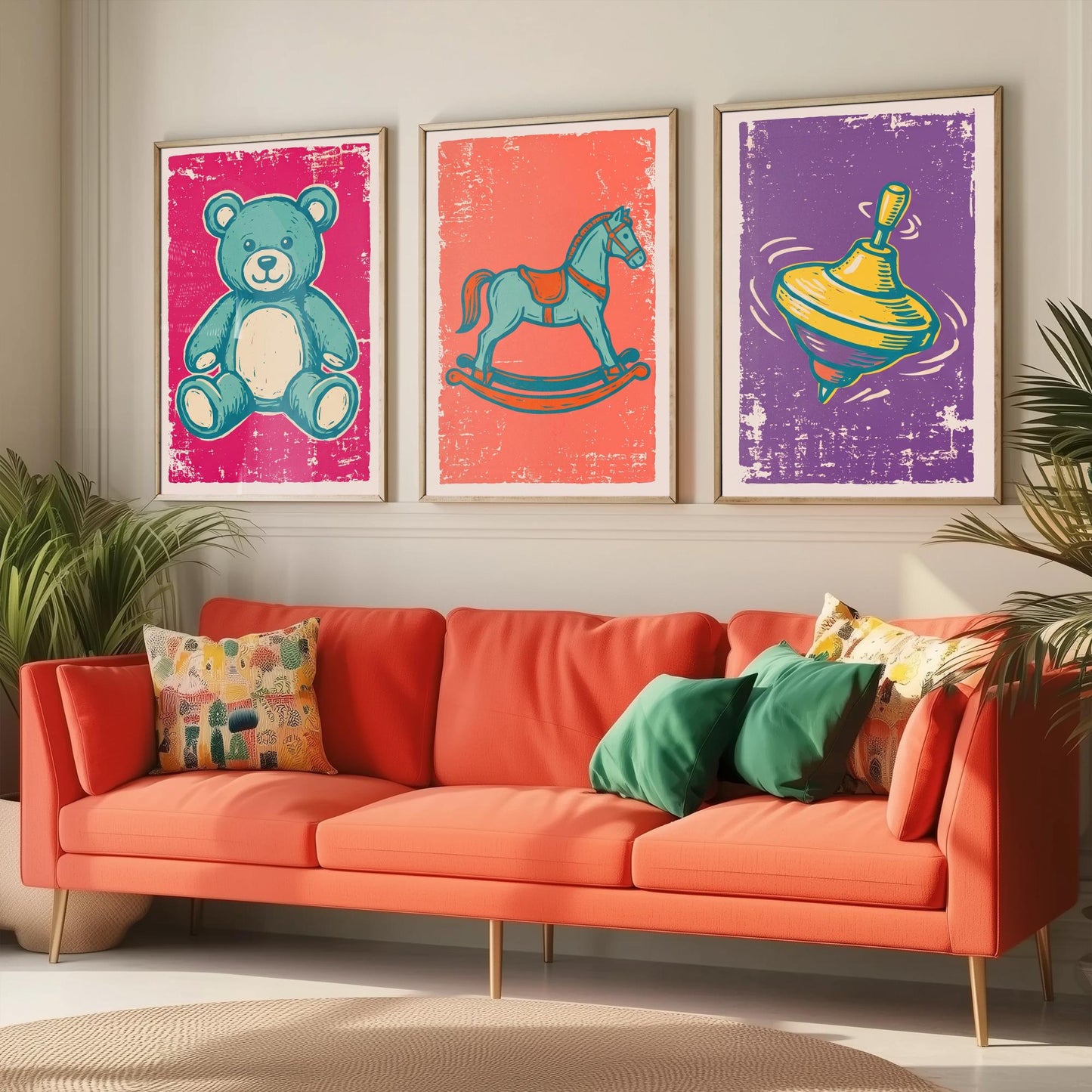 Teddy Bear, Rocking Horse and Spinning Top - Set of Three Vintage Toys Art Prints - Linocut Illustrations - Nursery Posters V1