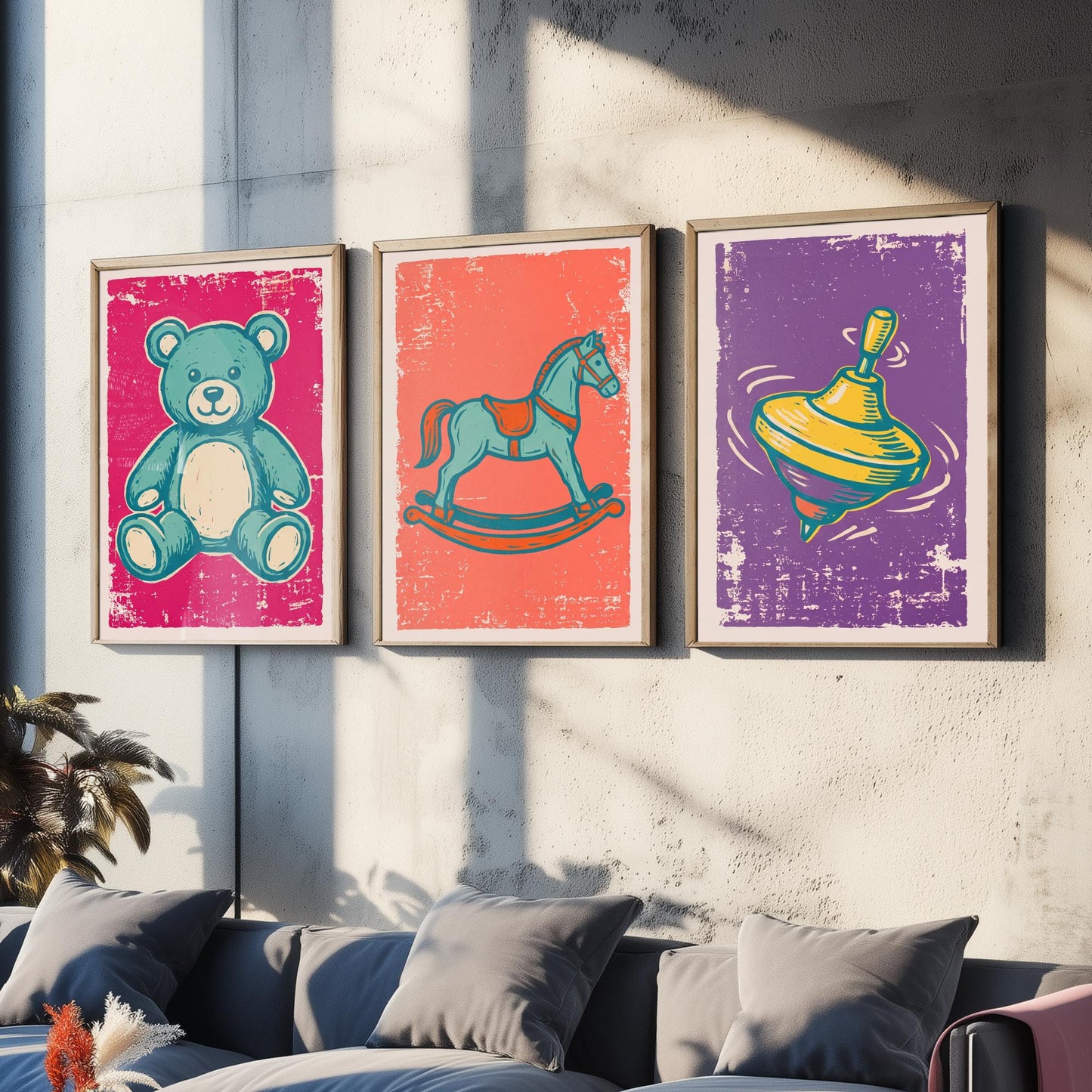 Teddy Bear, Rocking Horse and Spinning Top - Set of Three Vintage Toys Art Prints - Linocut Illustrations - Nursery Posters V1