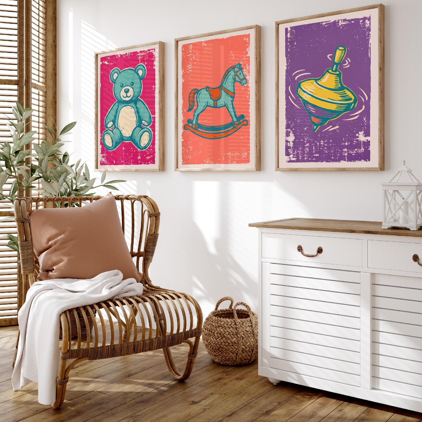 Teddy Bear, Rocking Horse and Spinning Top - Set of Three Vintage Toys Art Prints - Linocut Illustrations - Nursery Posters V1