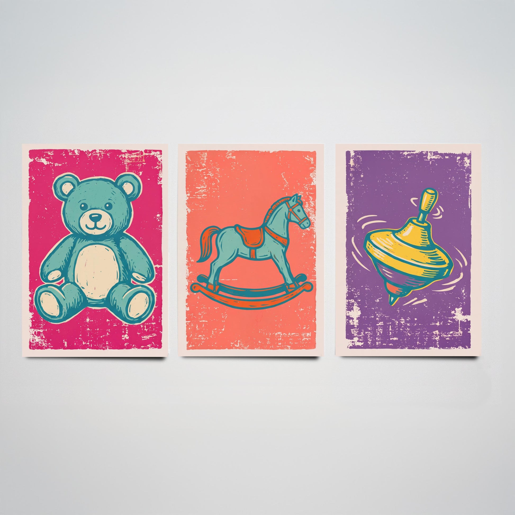 Teddy Bear, Rocking Horse and Spinning Top - Set of Three Vintage Toys Art Prints - Linocut Illustrations - Nursery Posters V1