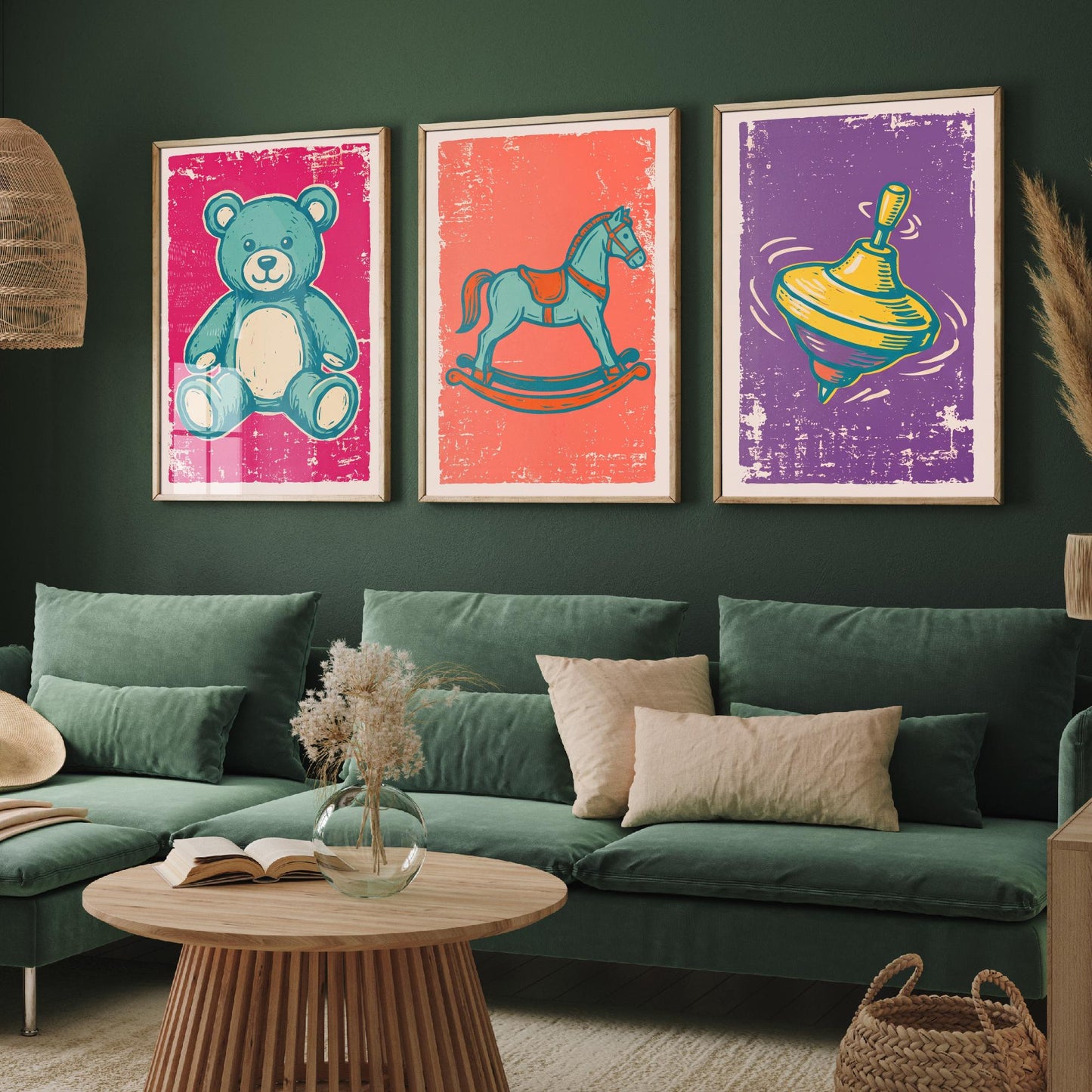 Teddy Bear, Rocking Horse and Spinning Top - Set of Three Vintage Toys Art Prints - Linocut Illustrations - Nursery Posters V1