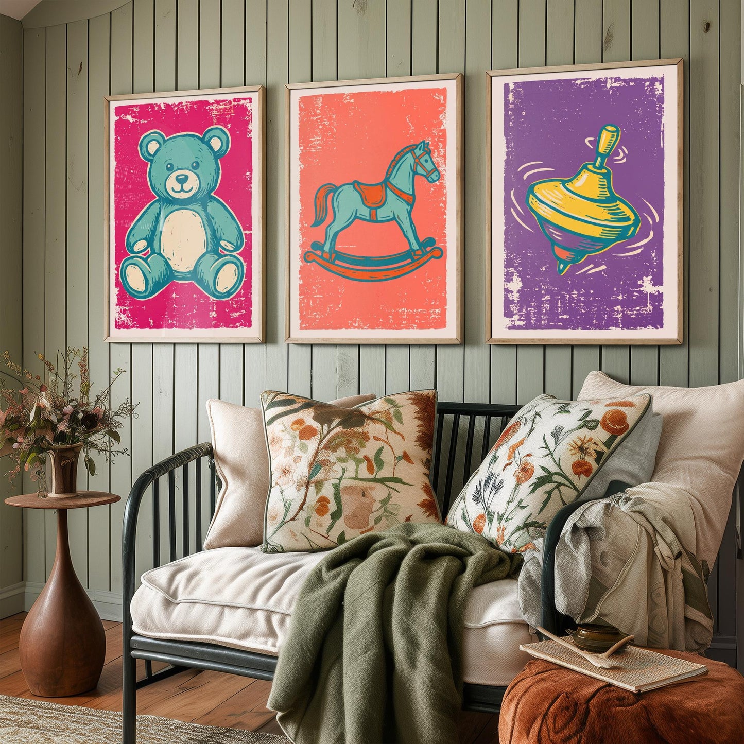 Teddy Bear, Rocking Horse and Spinning Top - Set of Three Vintage Toys Art Prints - Linocut Illustrations - Nursery Posters V1