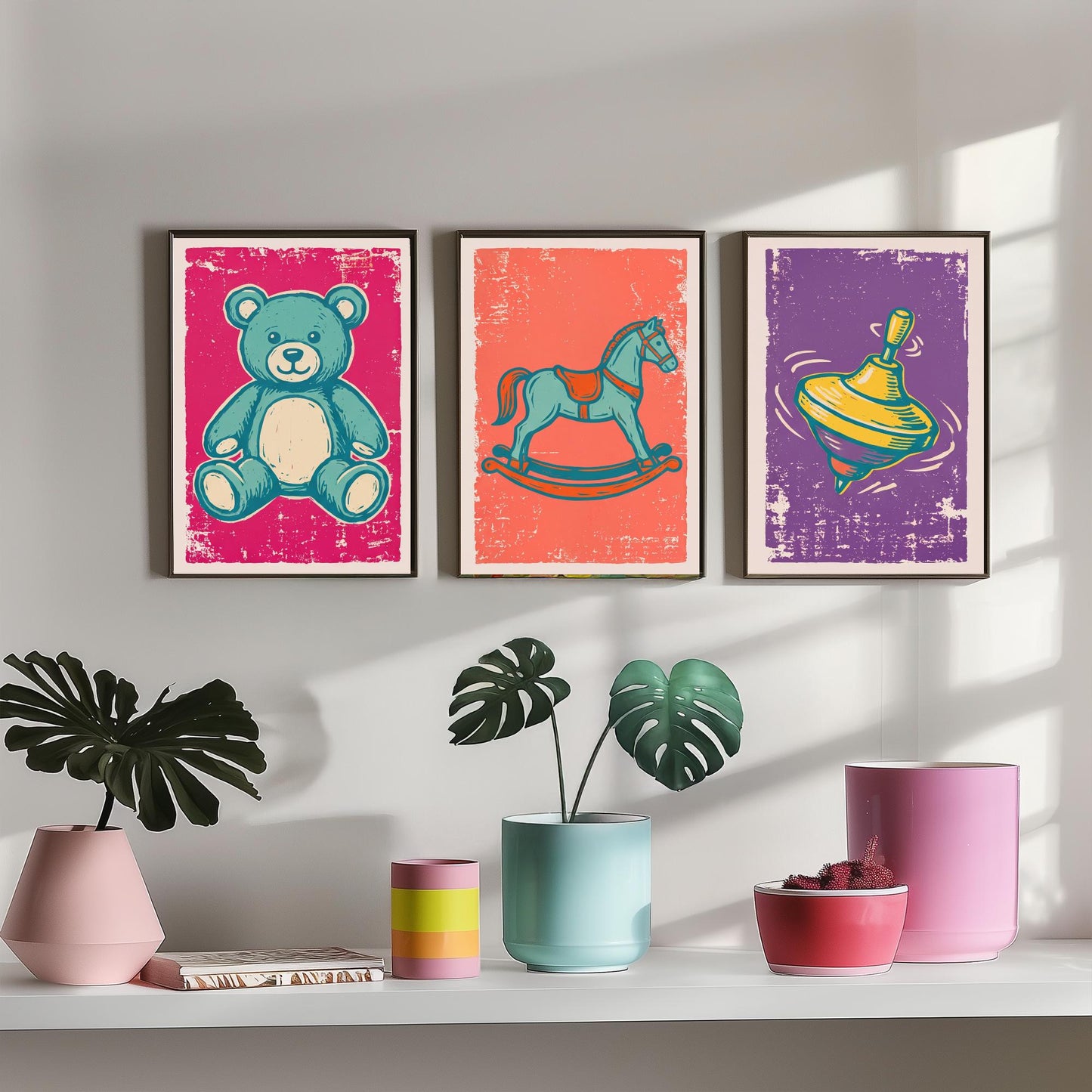 Teddy Bear, Rocking Horse and Spinning Top - Set of Three Vintage Toys Art Prints - Linocut Illustrations - Nursery Posters V1
