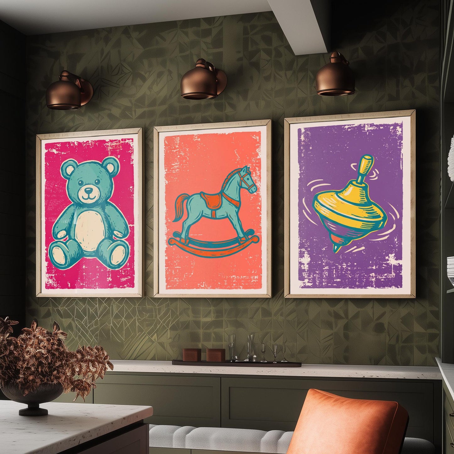 Teddy Bear, Rocking Horse and Spinning Top - Set of Three Vintage Toys Art Prints - Linocut Illustrations - Nursery Posters V1