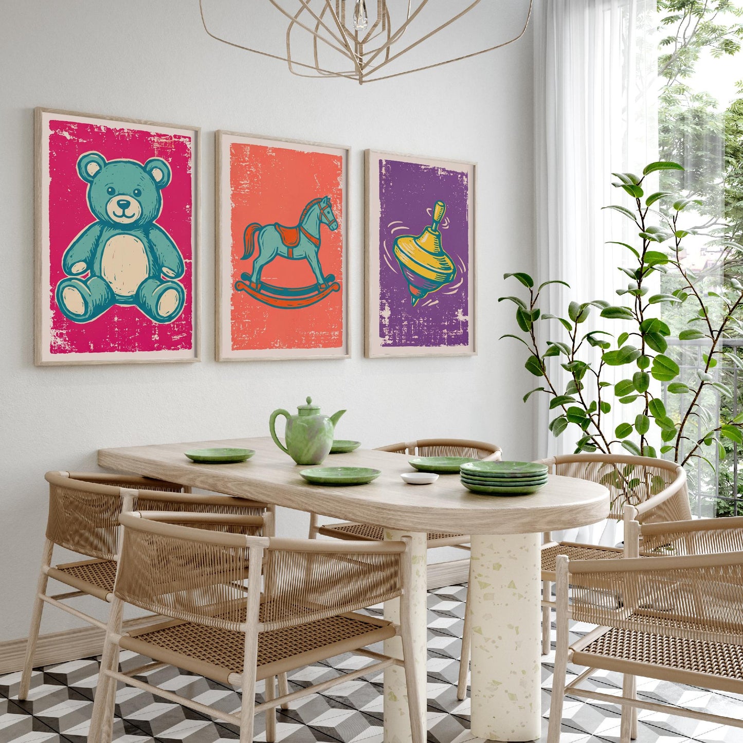 Teddy Bear, Rocking Horse and Spinning Top - Set of Three Vintage Toys Art Prints - Linocut Illustrations - Nursery Posters V1