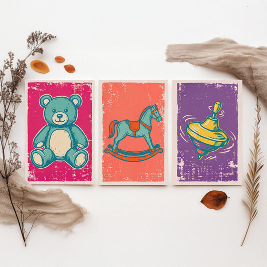 Teddy Bear, Rocking Horse and Spinning Top - Set of Three Vintage Toys Art Prints - Linocut Illustrations - Nursery Posters V1