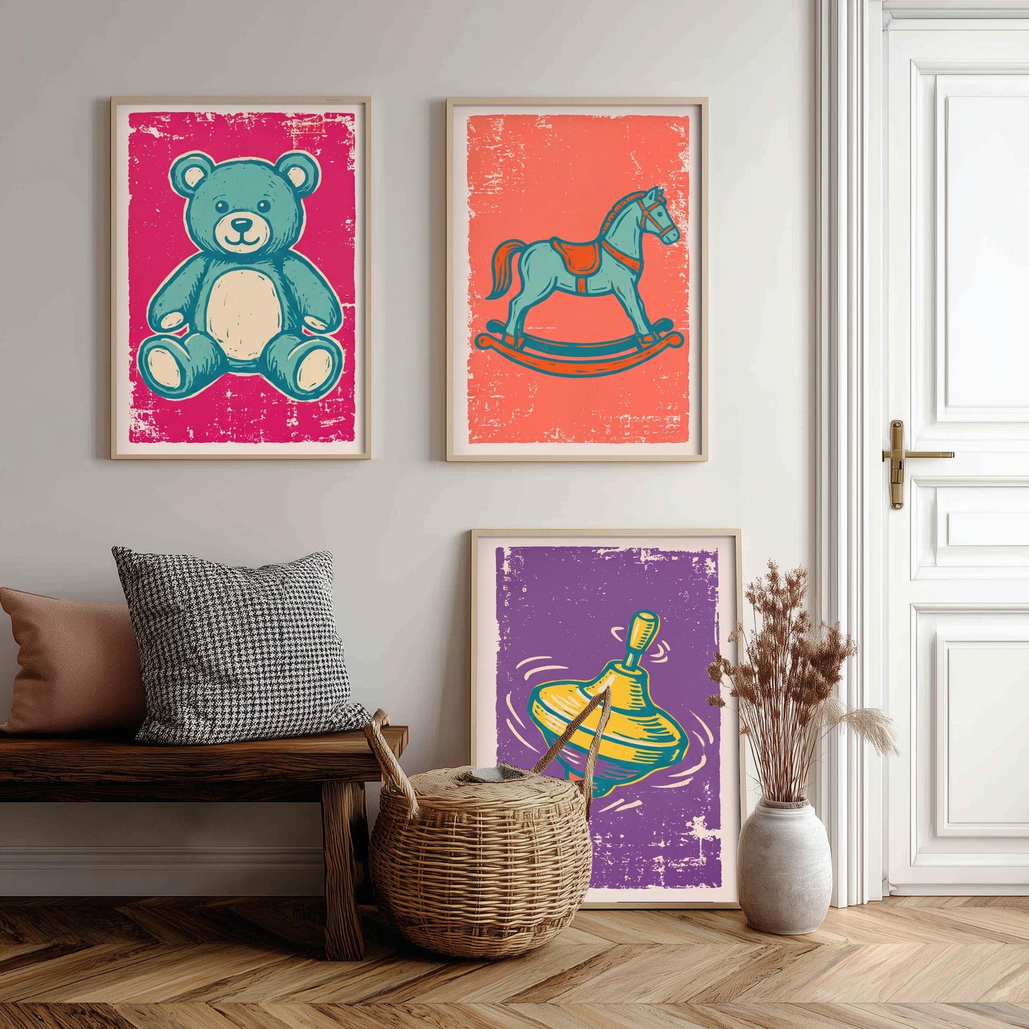 Teddy Bear, Rocking Horse and Spinning Top - Set of Three Vintage Toys Art Prints - Linocut Illustrations - Nursery Posters V1