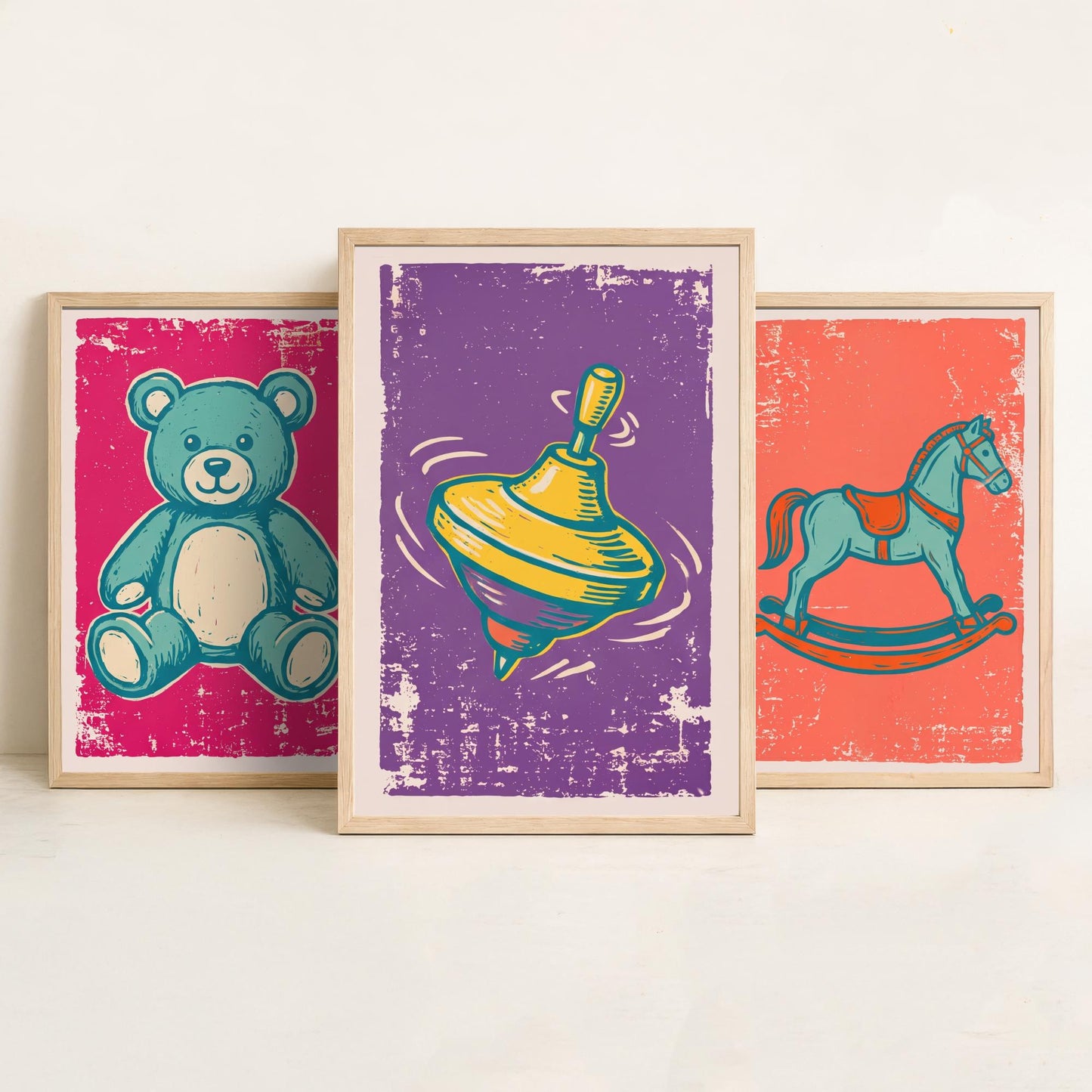 Teddy Bear, Rocking Horse and Spinning Top - Set of Three Vintage Toys Art Prints - Linocut Illustrations - Nursery Posters V1