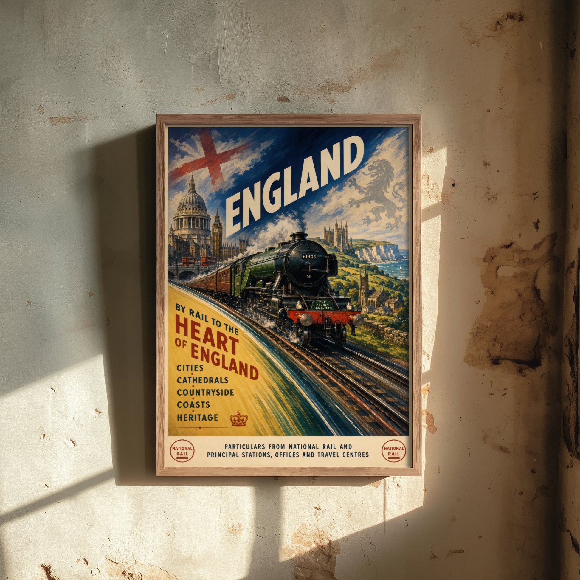 England Travel Poster - Vintage Railway Art Print - Flying Scotsman Train Illustration Wall Art 1/3