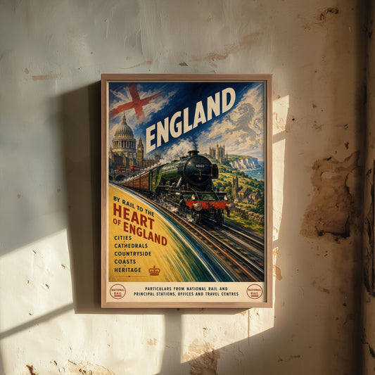England Travel Poster - Vintage Railway Art Print - Flying Scotsman Train Illustration Wall Art 1/3
