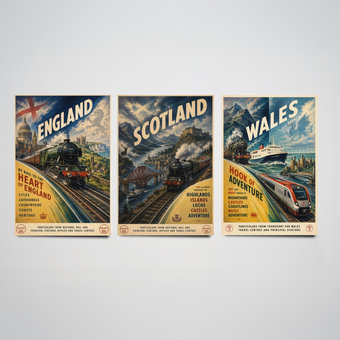 England Scotland Wales Set of Three Art Prints | Vintage Transport Travel Painting Poster